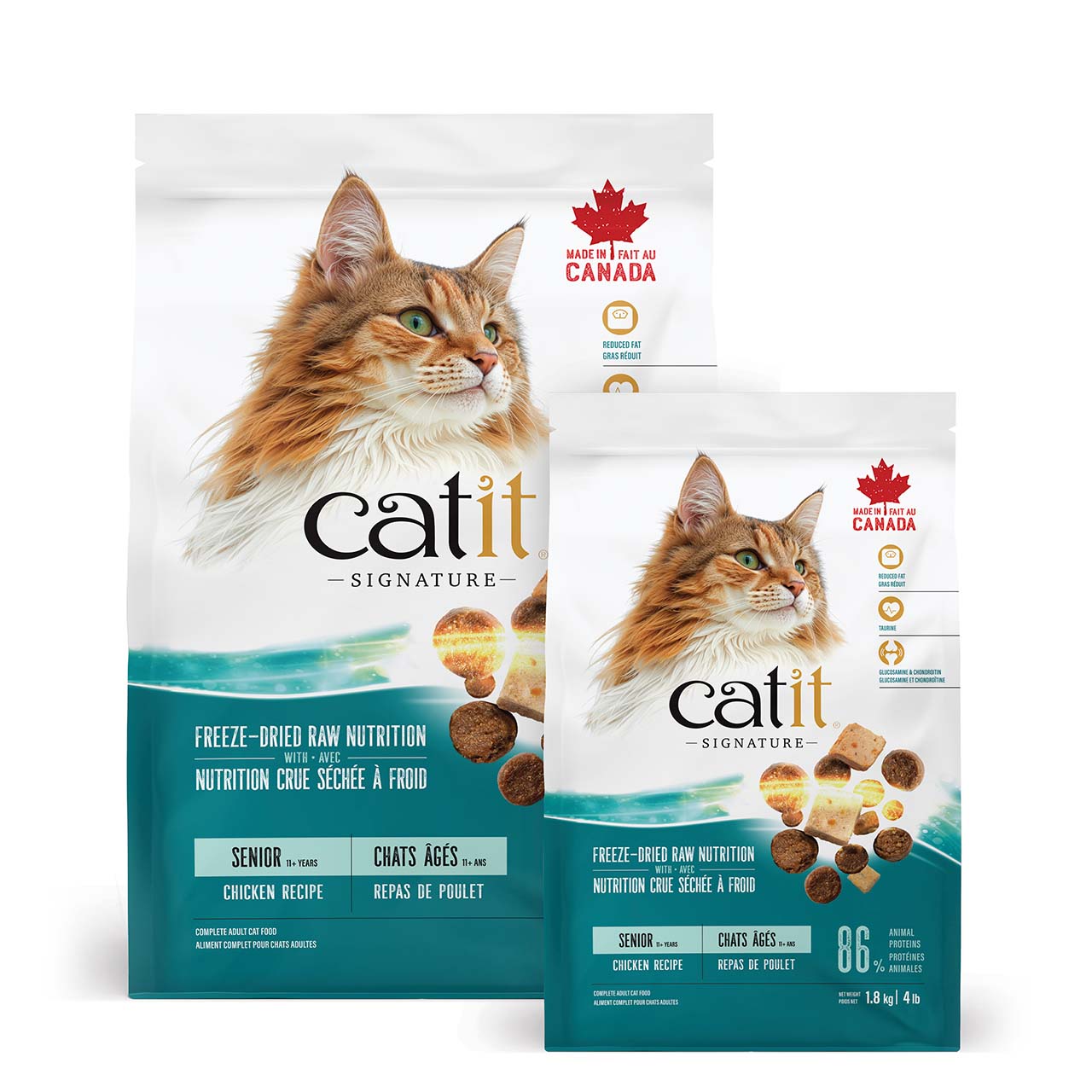 Two bags of Catit Signature Senior Chicken Recipe freeze-dried raw cat food packaging