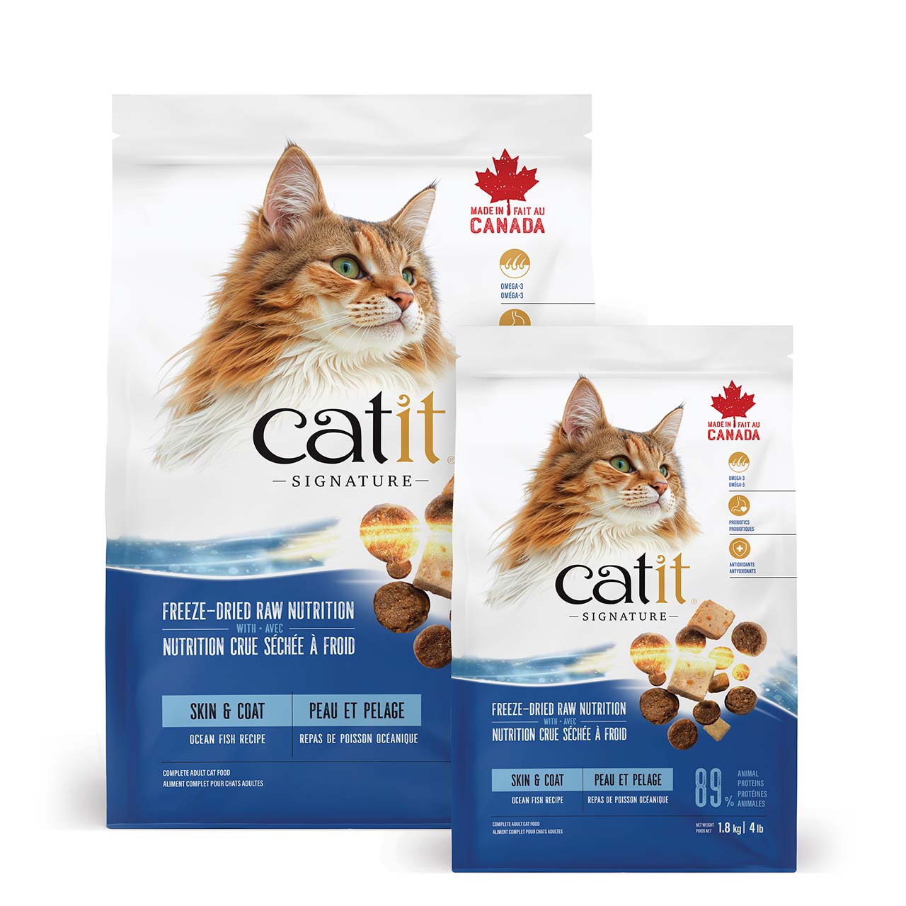 Two bags of Catit Signature Skin & Coat Ocean Fish Recipe freeze-dried raw cat food packaging