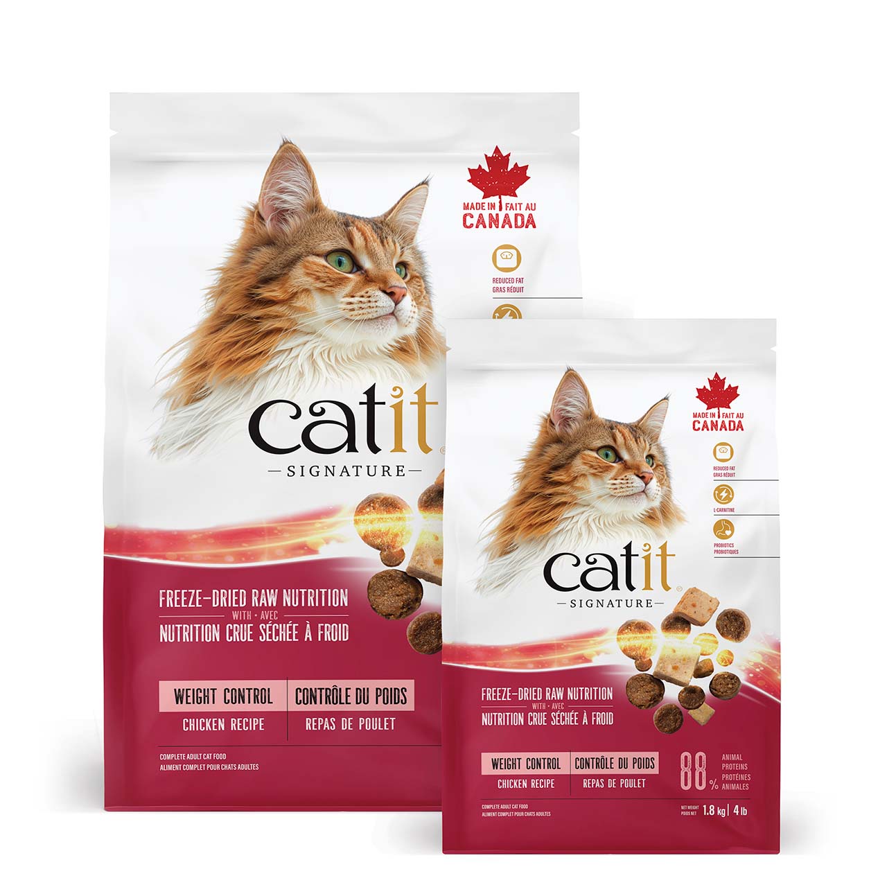 Two bags of Catit Signature Weight Control Chicken Recipe freeze-dried raw cat food packaging