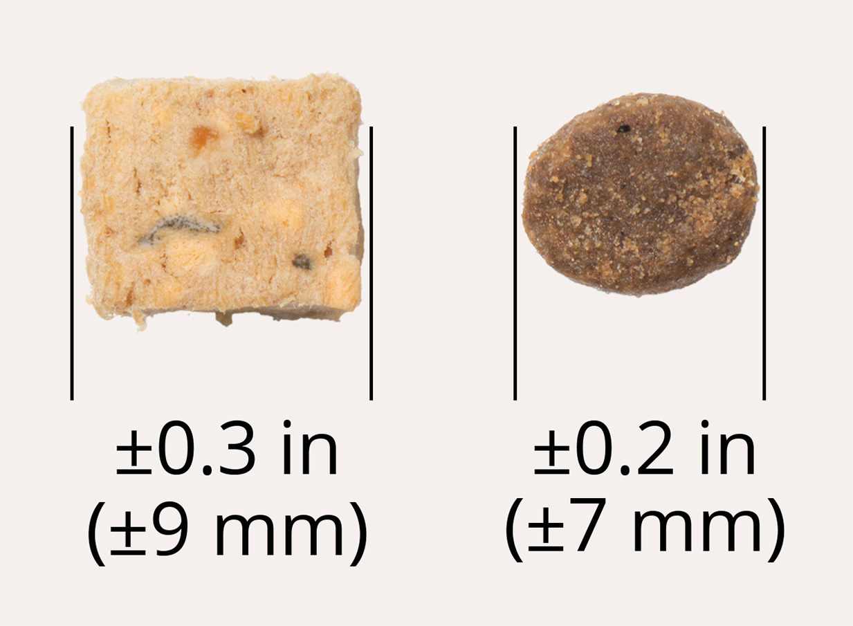Comparison of two cat food kibble shapes with their respective sizes of 9 mm and 7 mm