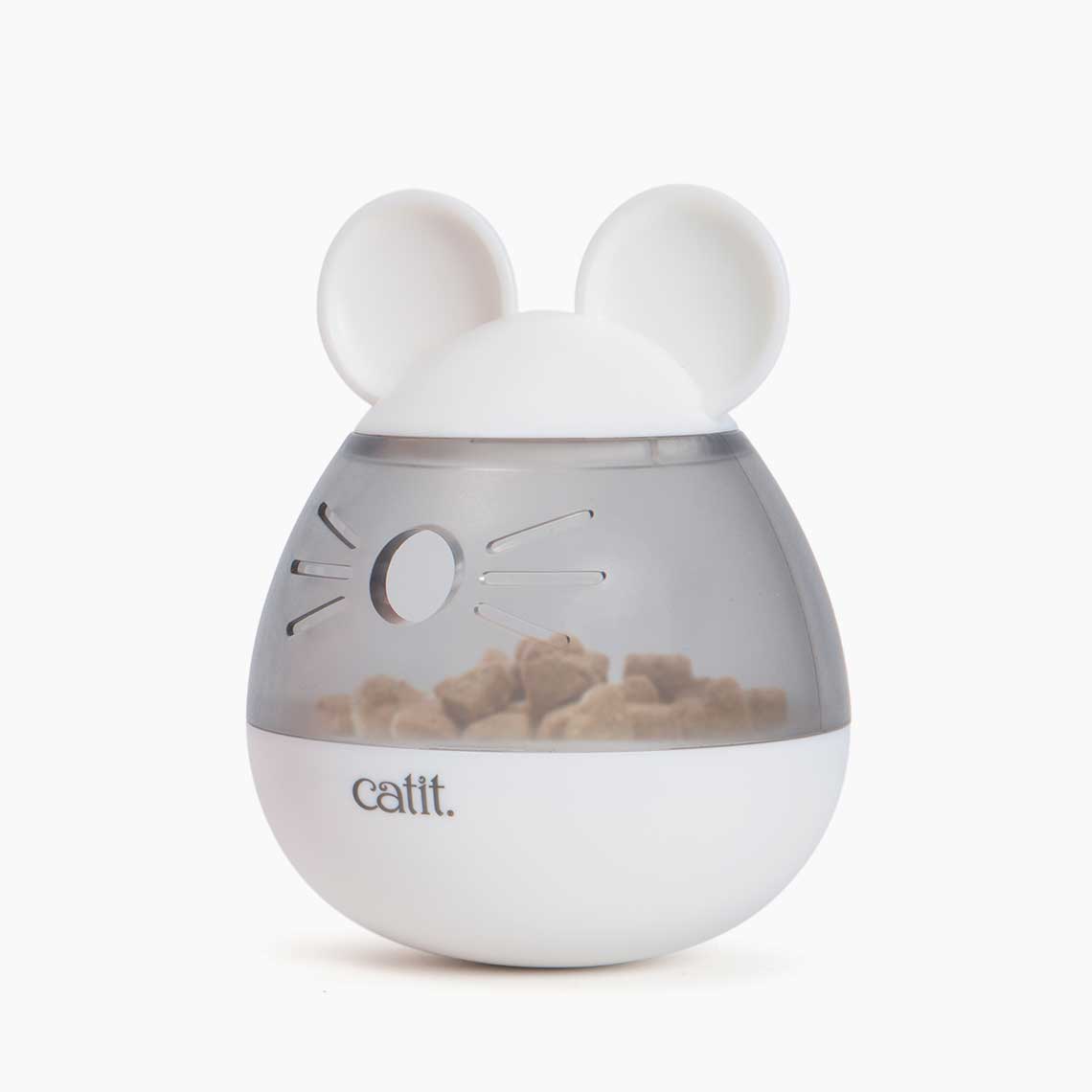 Catit PIXI mouse-shaped treat dispenser toy with a translucent middle section containing dry cat food