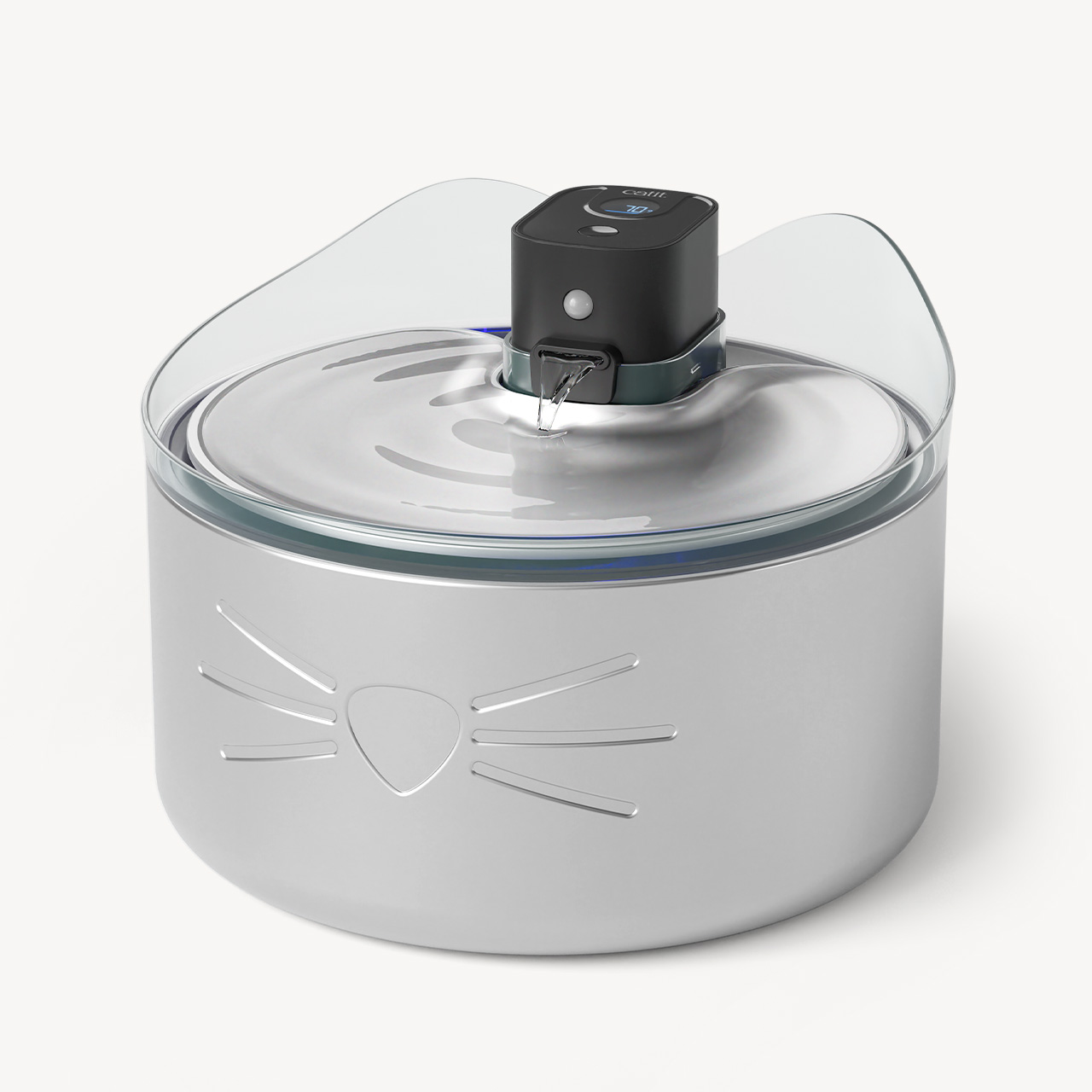 Catit PIXI stainless steel drinking fountain with a UVC light module and cat-themed design on a white background