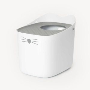 Catit PIXI cat litter box in white and grey with a cat-face design on the front