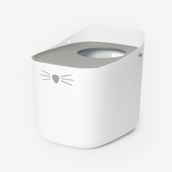 Catit PIXI cat litter box in white and grey with a cat-face design on the front