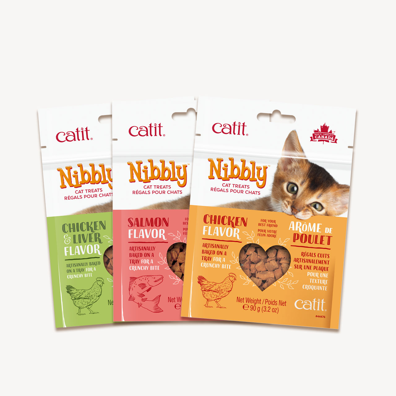 Three packages of Catit Nibbly cat treats in Chicken & Liver, Salmon, and Chicken flavors