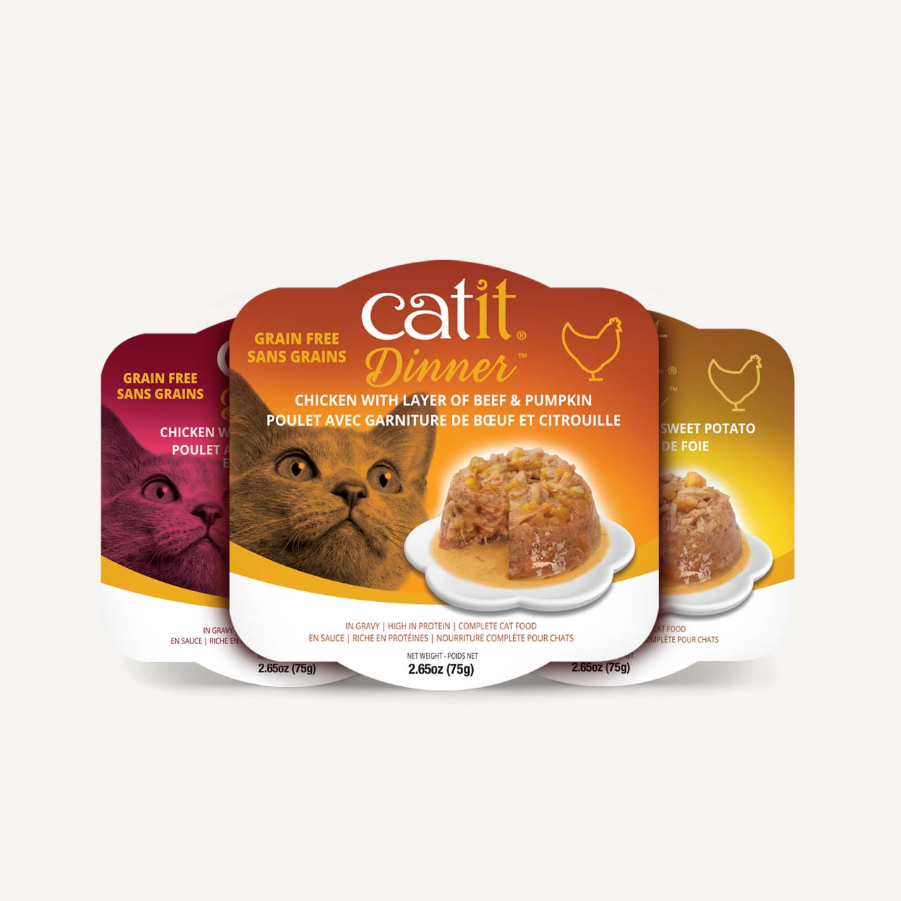 Three Catit Dinner wet cat food containers featuring chicken with beef and pumpkin, grain-free, 2.65oz portions