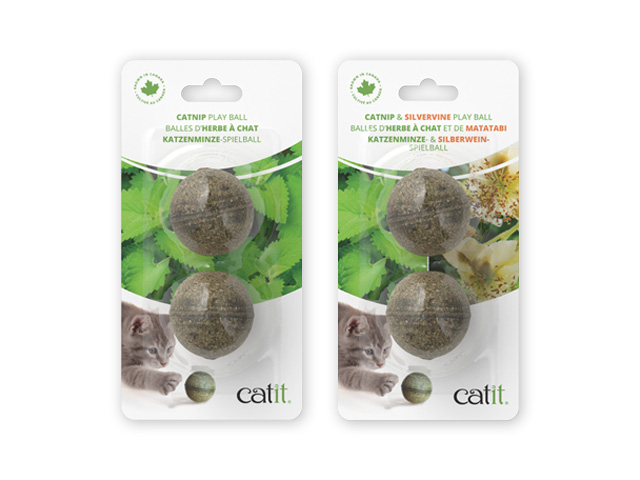 Two Catit catnip play ball packages, one containing catnip balls and the other containing catnip and silvervine balls