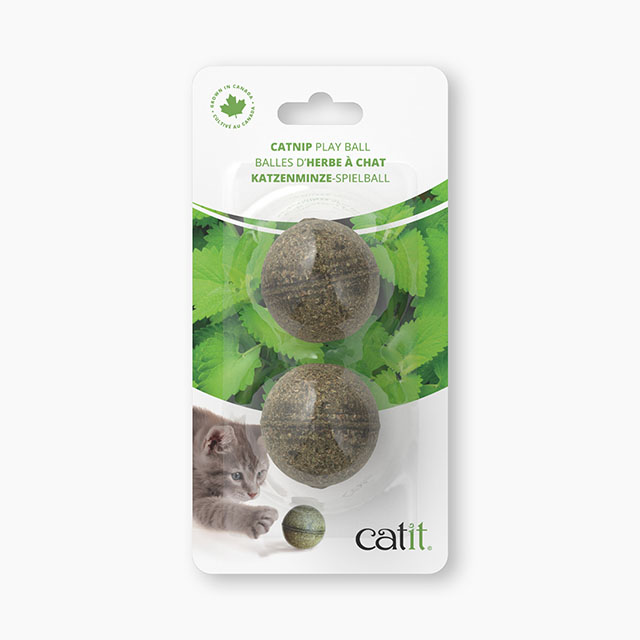 Catit catnip play balls in retail packaging featuring two round catnip toys and a kitten playing with a ball