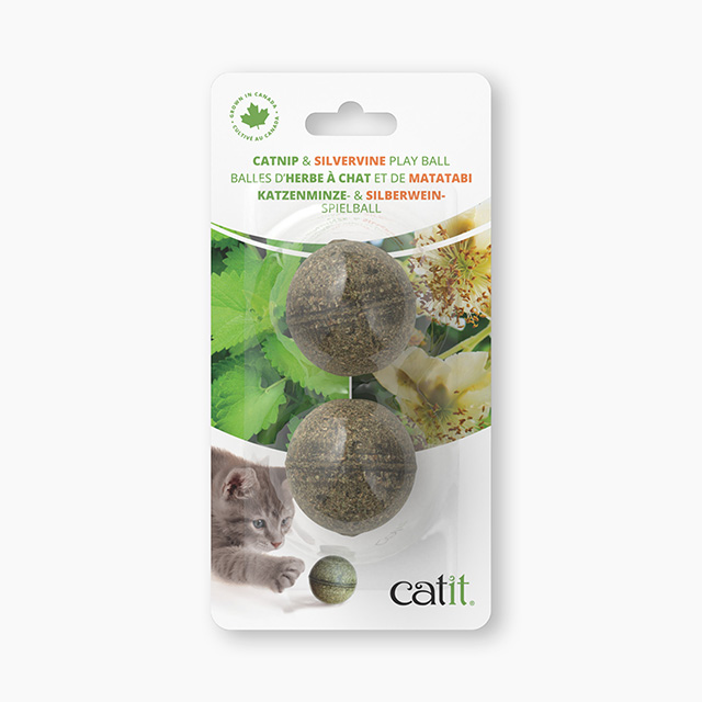 Catit packaging containing two round catnip and silvervine play balls for cats