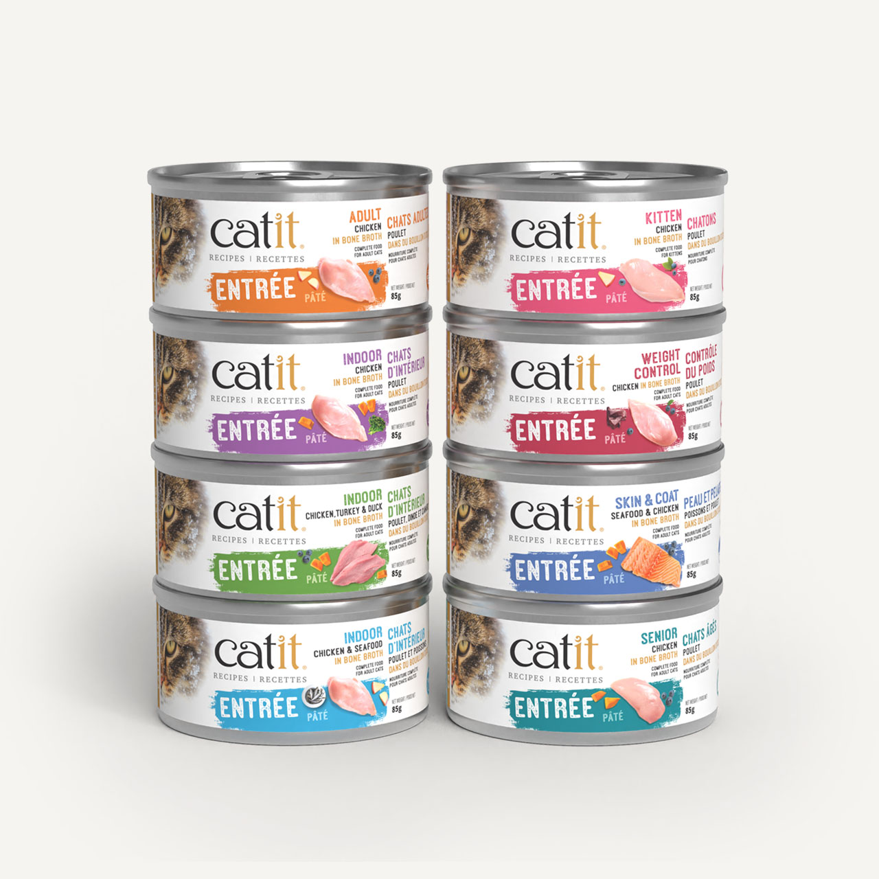 Eight cans of Catit Entrée cat food stacked in two columns, showing various flavors and life stage formulas