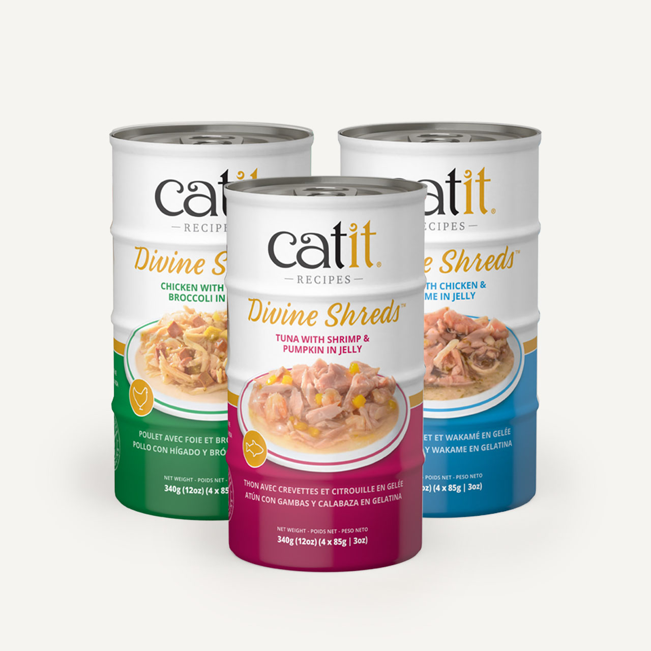 Three cans of Catit Divine Shreds cat food in chicken, tuna, and fish flavors arranged together