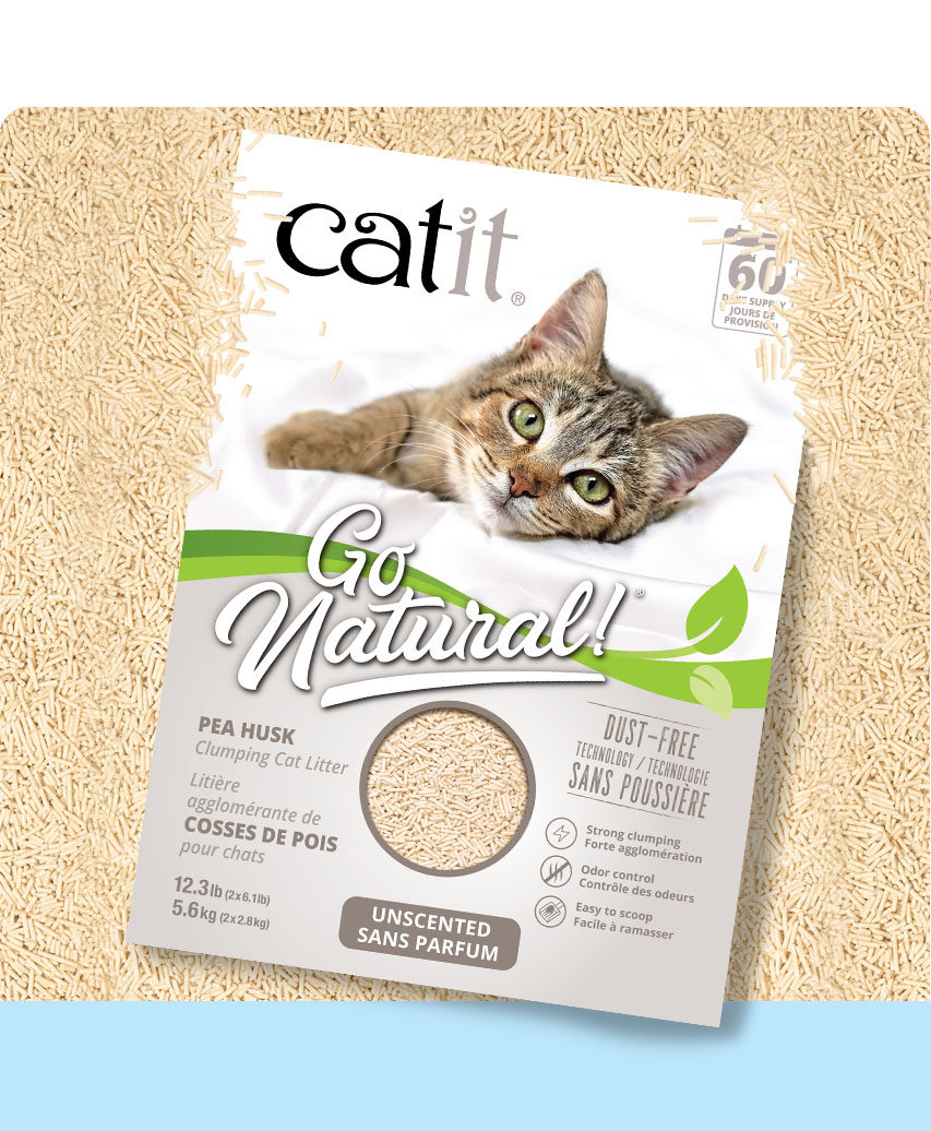 Catit Go Natural pea husk clumping cat litter packaging featuring a kitten and product benefits