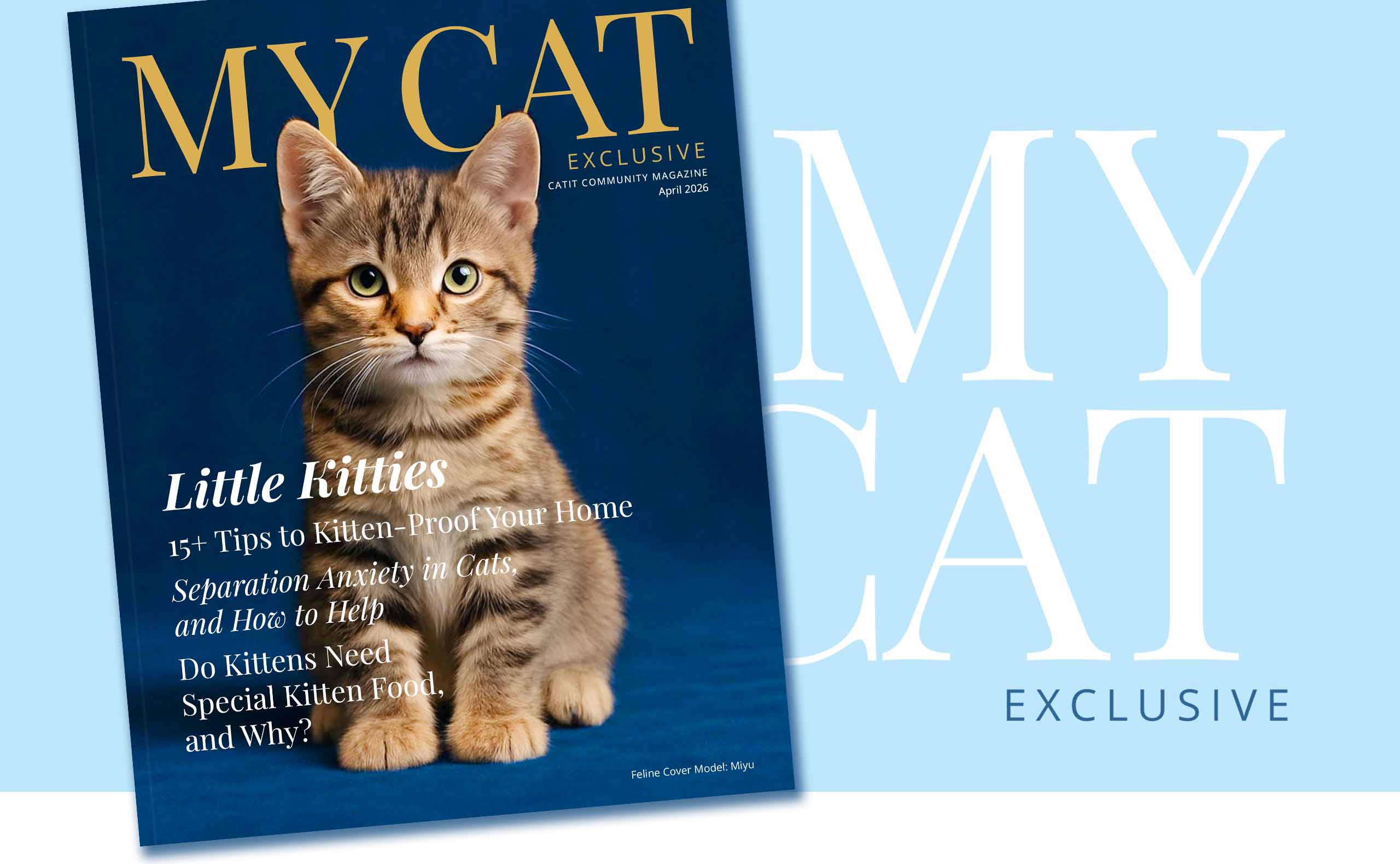 Catit Community Magazine cover for April 2026 featuring a kitten and articles on kitten-proofing, anxiety, and nutrition
