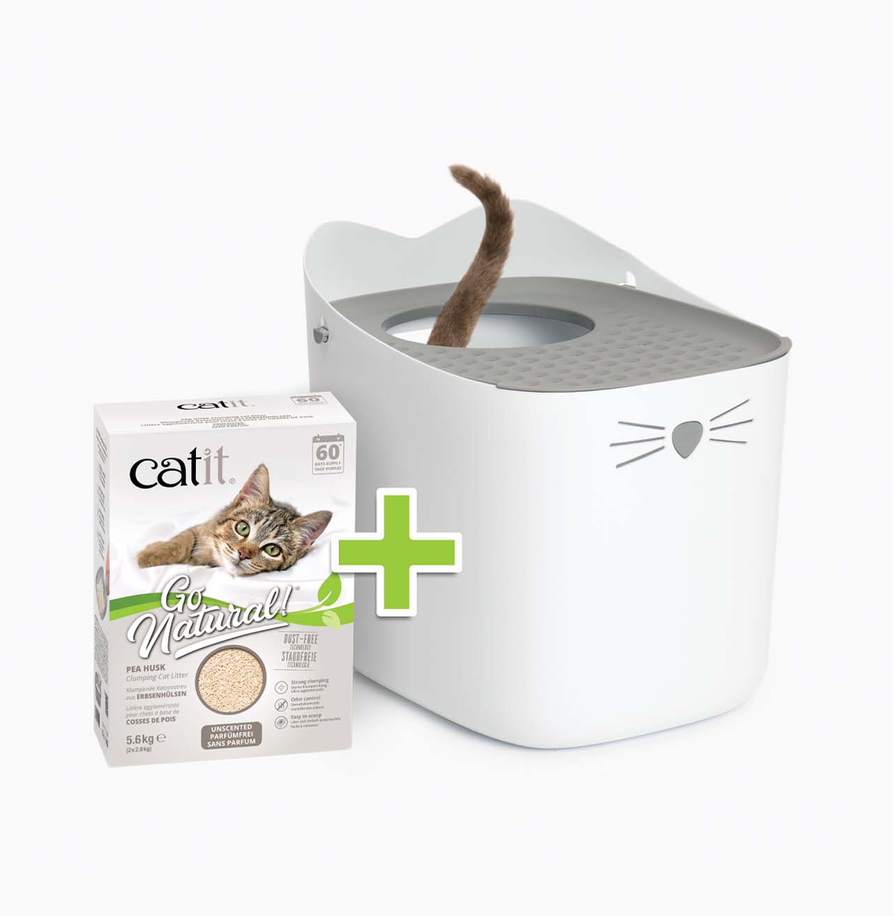 Catit pea husk clumping cat litter packaging next to a white cat-shaped litter box with a cat tail visible inside
