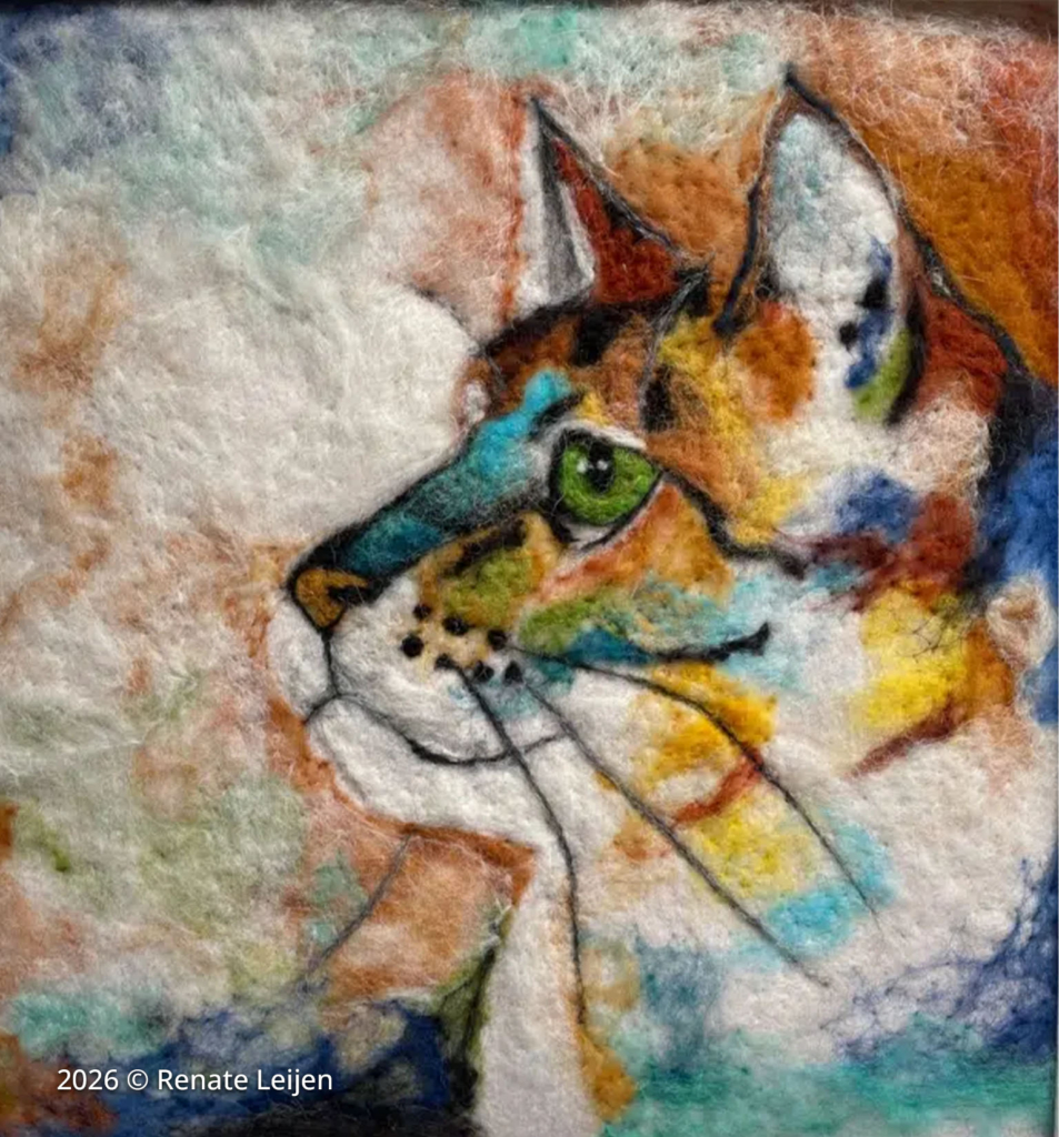 Fiber art portrait of a cat in profile, created with colorful, textured wool felt in an impressionistic style