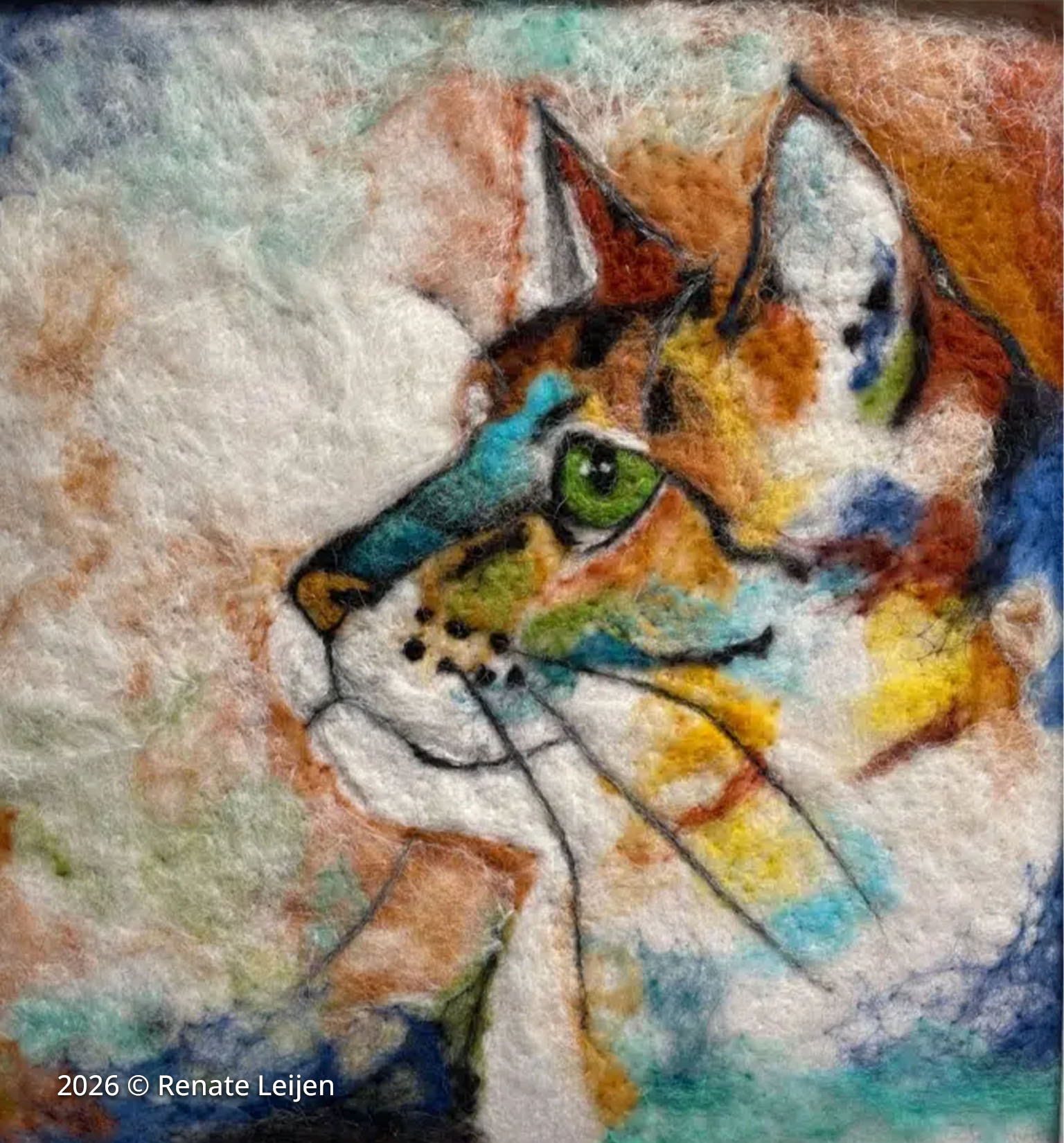 Fiber art portrait of a cat in profile, created with colorful, textured wool felt in an impressionistic style