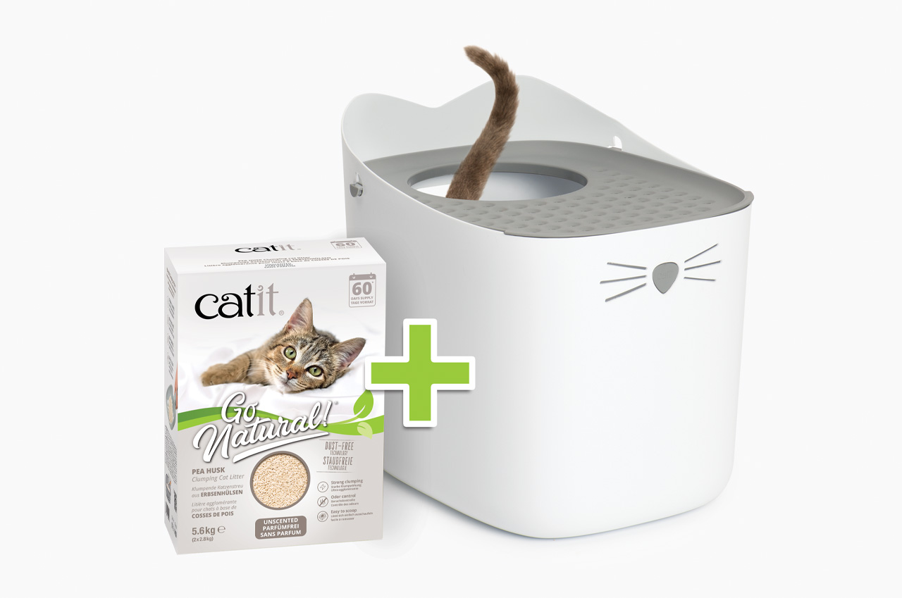 Catit Go Natural pea husk clumping cat litter packaging next to a Catit PIXI cat litter box with a cat tail visible