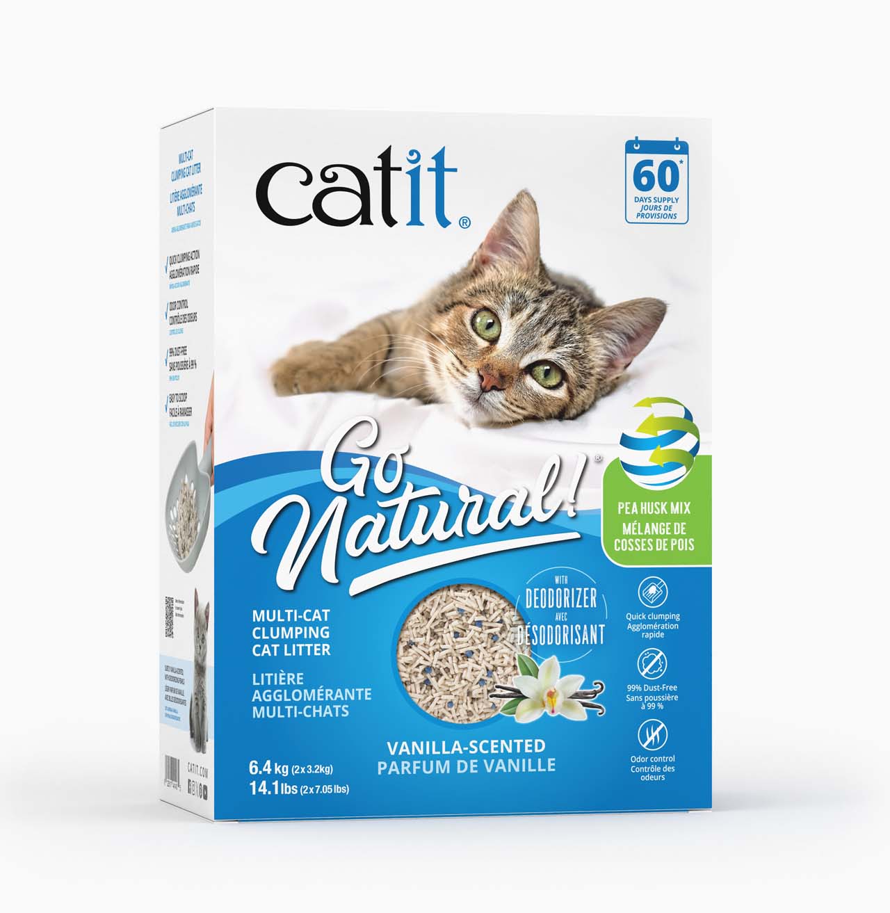 Catit Go Natural pea husk mix multi-cat clumping cat litter packaging with vanilla scent