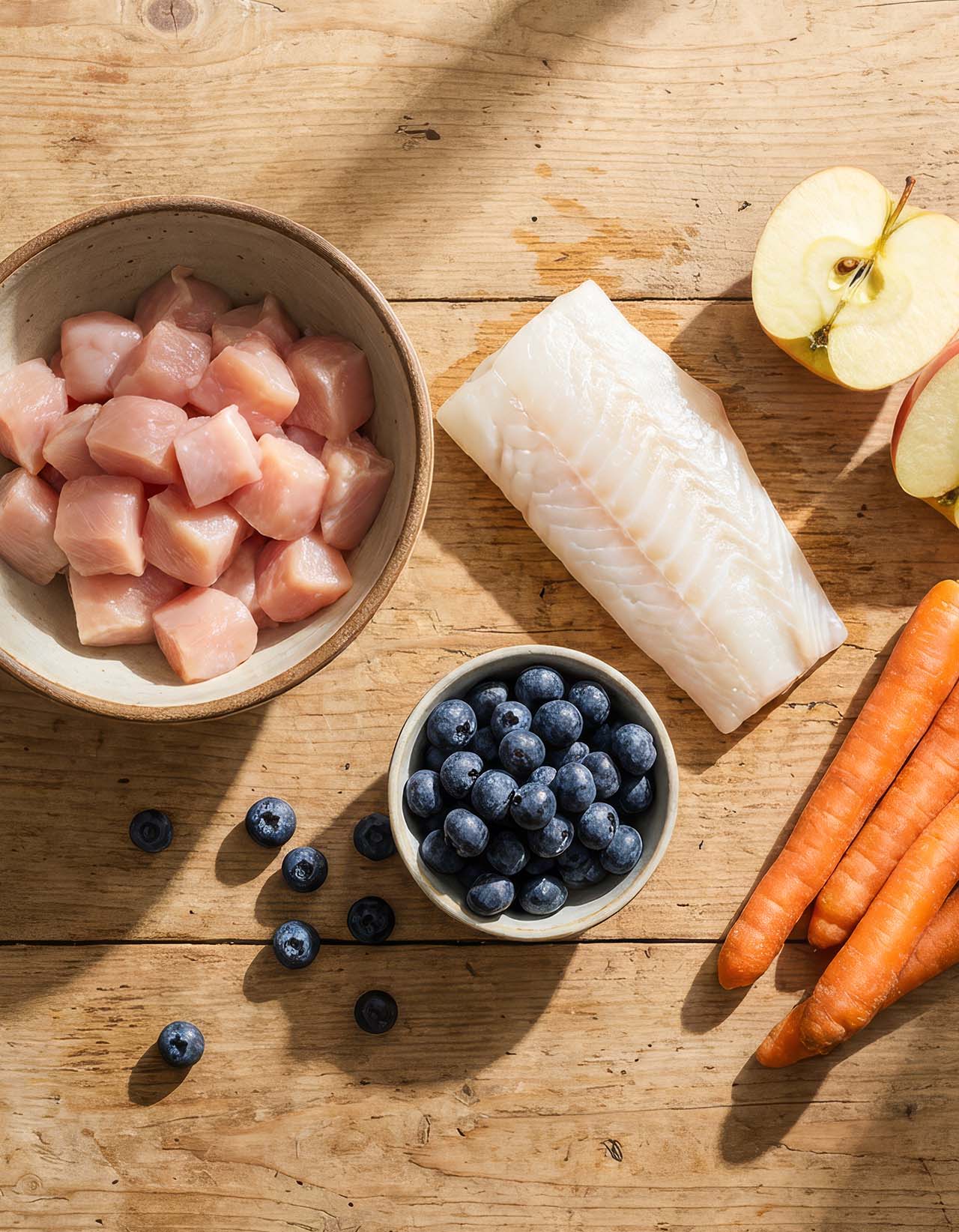 Raw chicken chunks, a white fish fillet, blueberries, apple slices, and carrots on a wooden surface