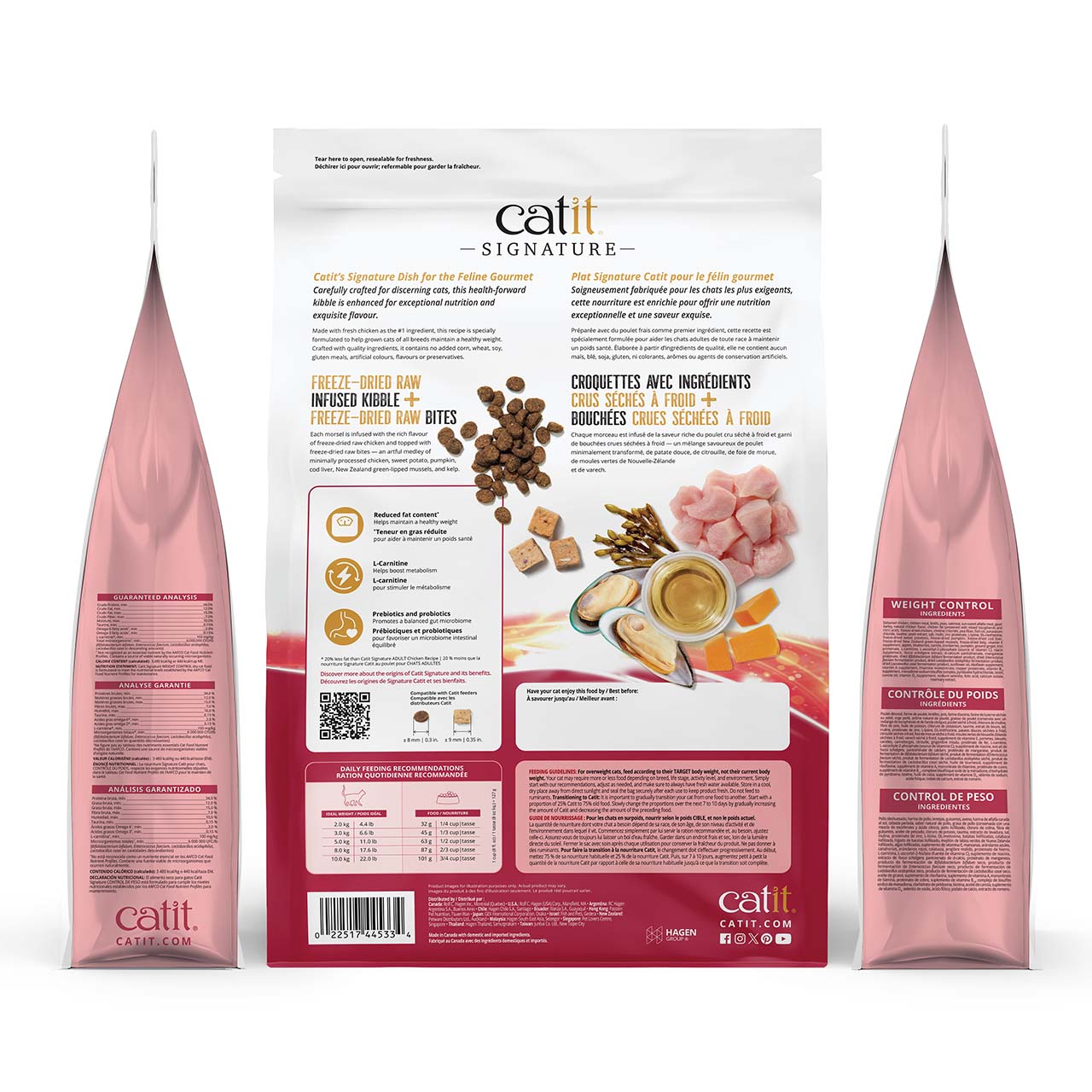 Catit Signature Weight Control cat food packaging showing guaranteed analysis, ingredients, and feeding guidelines