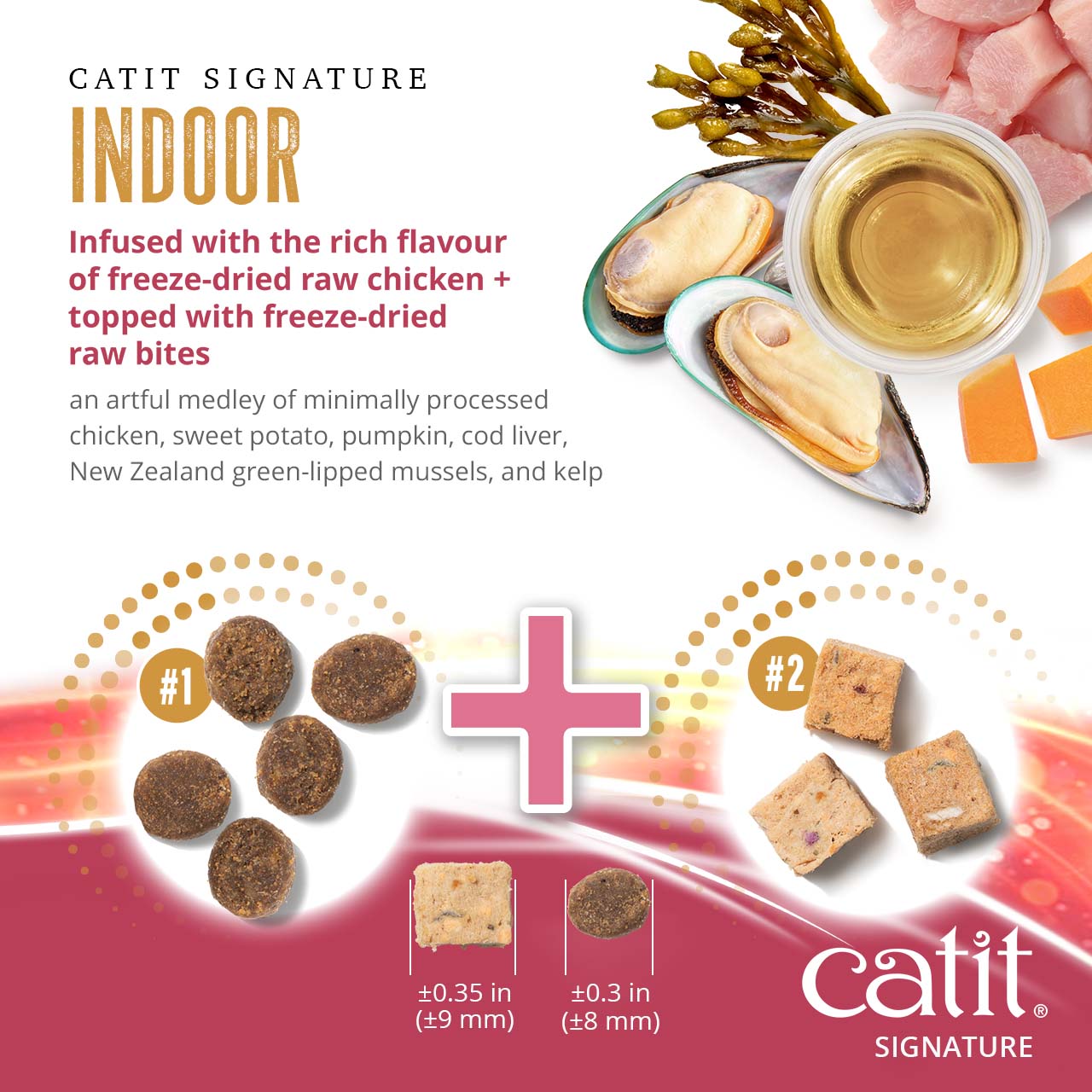 Catit Signature Indoor cat food, a blend of freeze-dried raw chicken and raw bites with chicken, sweet potato, and mussels