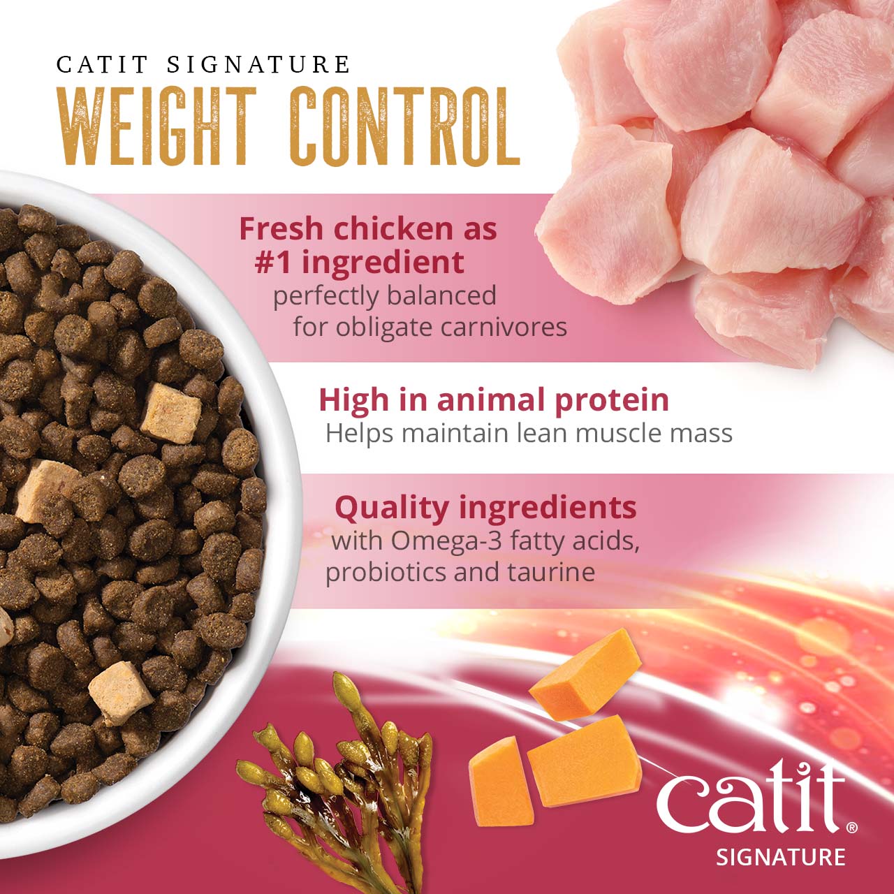 Catit Signature Weight Control cat food features fresh chicken, high animal protein, and added nutrients for weight management