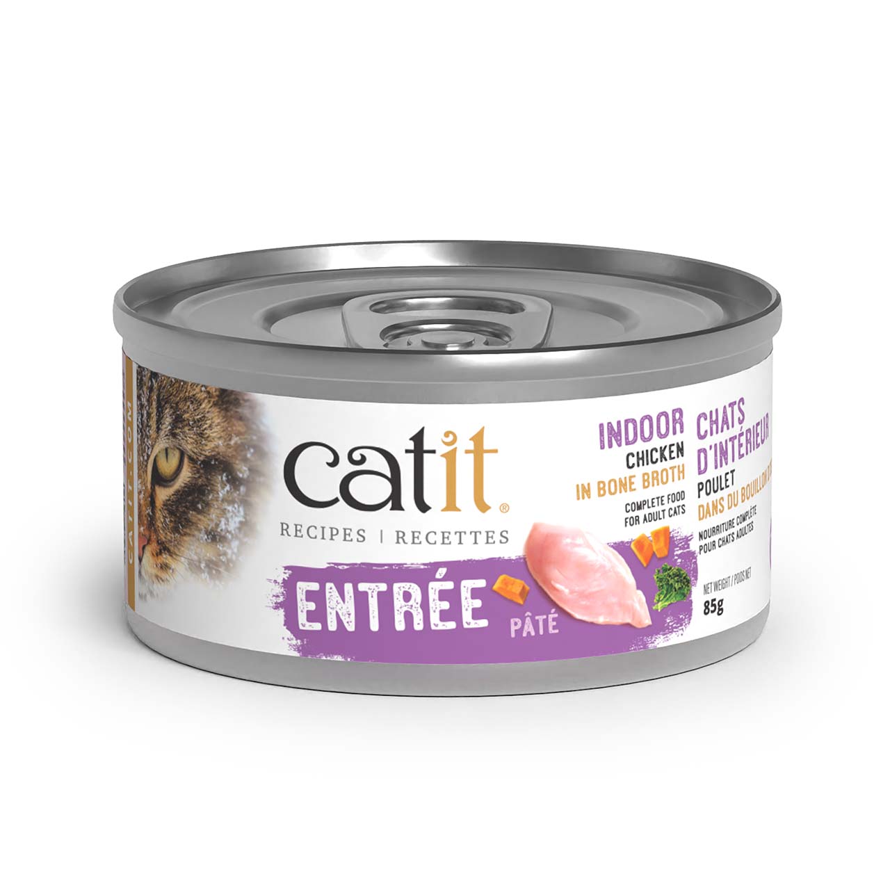 Catit Indoor Chicken in Bone Broth pâté cat food in an 85g can