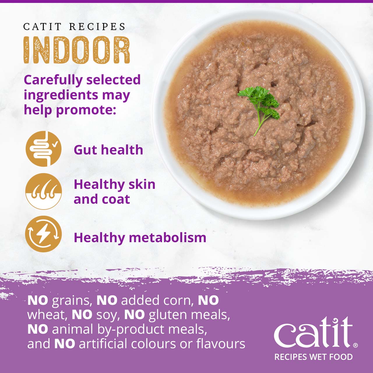 Catit Indoor wet cat food promotes gut health, healthy skin and coat, and healthy metabolism without grains or additives
