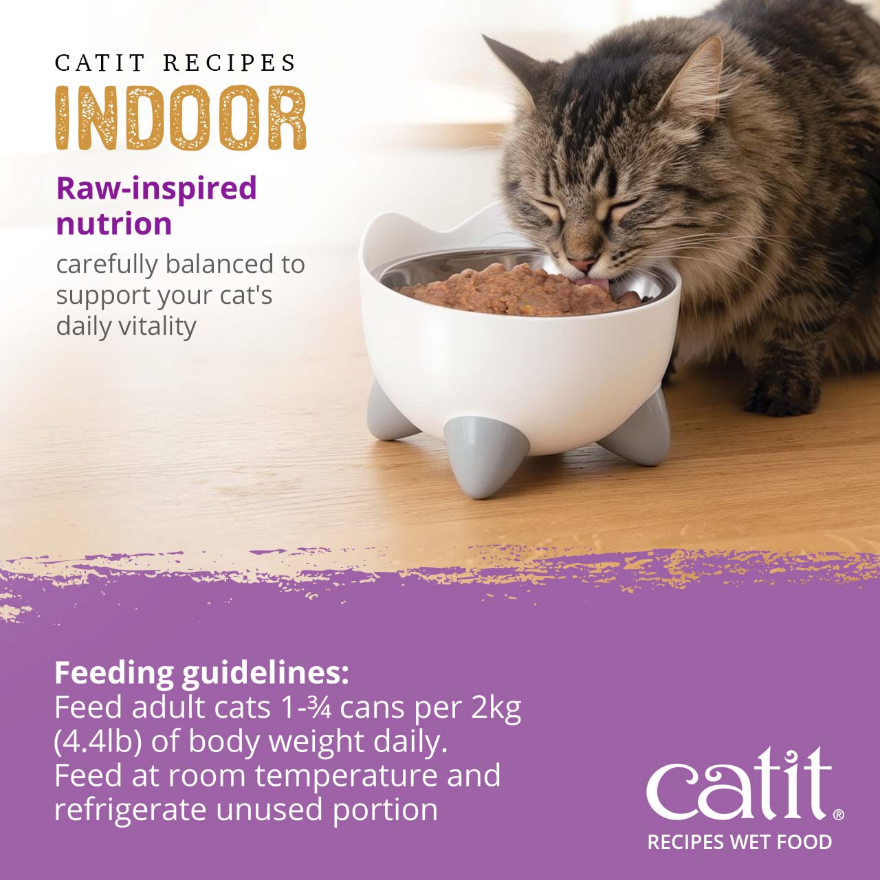 Catit Indoor wet cat food feeding guidelines, recommending 1-3/4 cans daily per 2kg of body weight