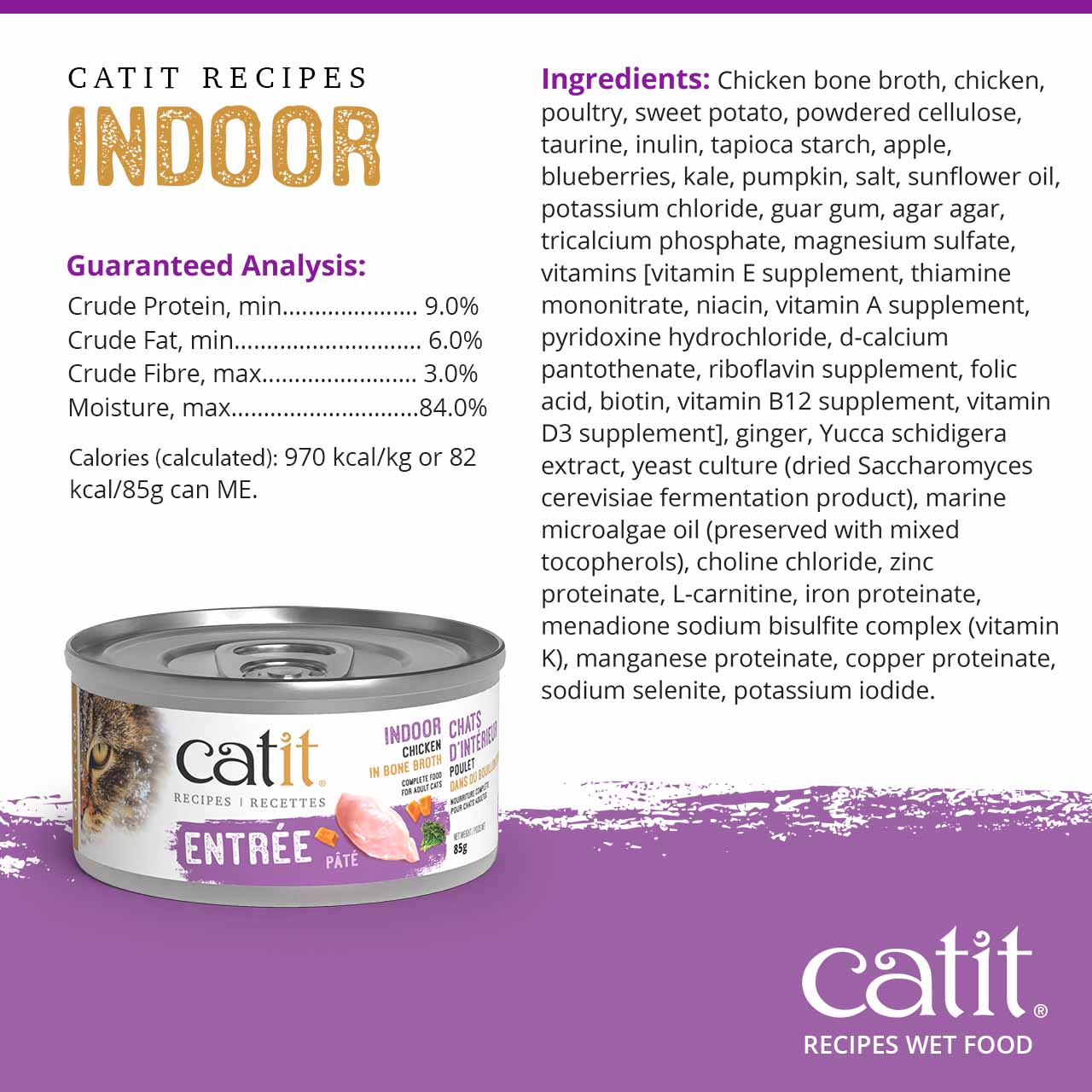 Catit Indoor Chicken in Bone Broth wet cat food packaging, including guaranteed analysis and ingredient list