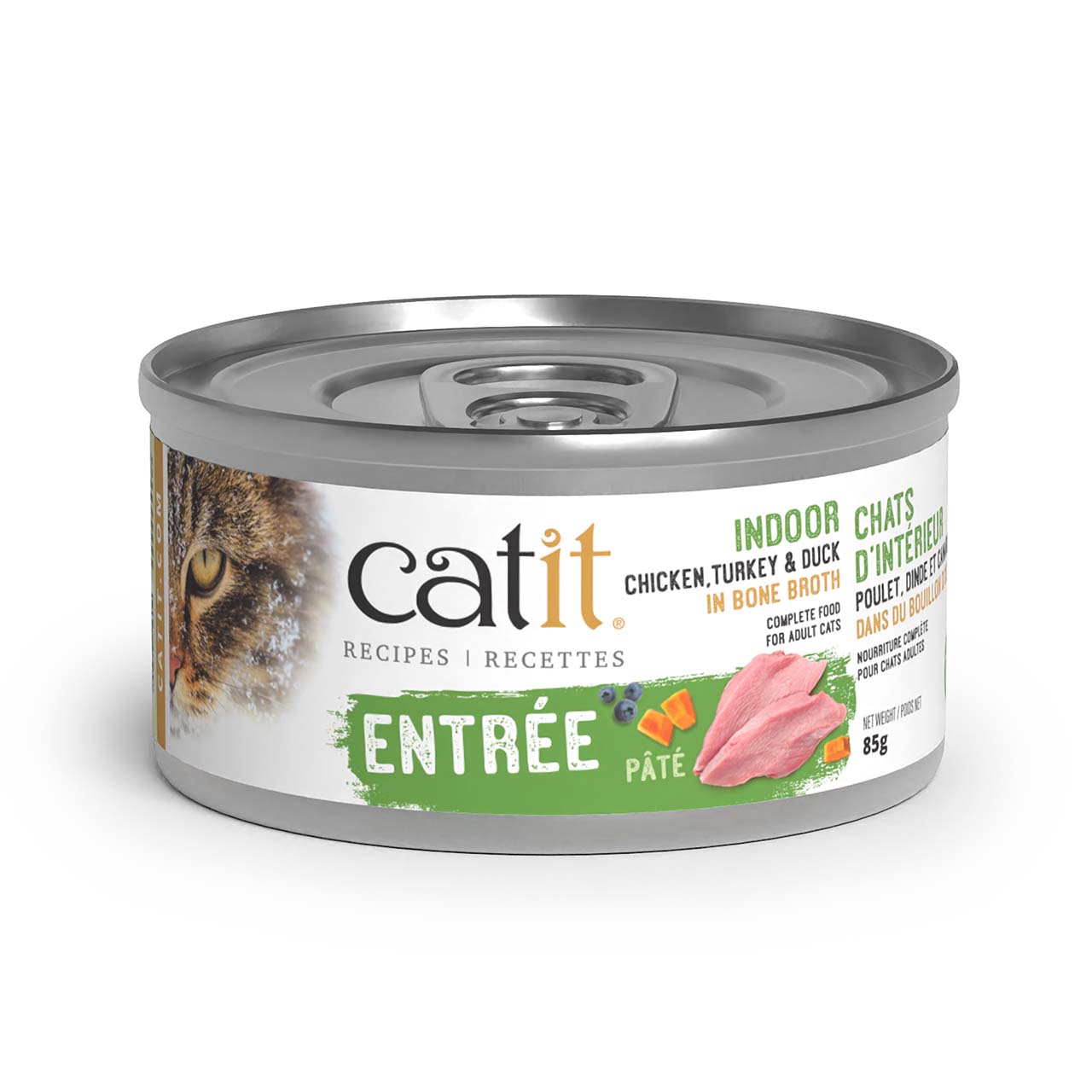 Catit Indoor pâté cat food in an 85g can, featuring chicken, turkey, and duck in bone broth