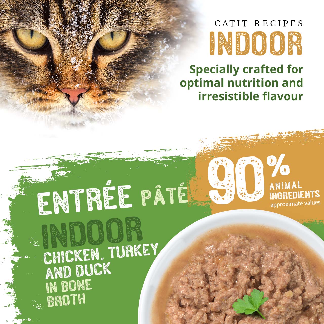 Catit Indoor pâté cat food made with chicken, turkey, and duck in bone broth, featuring 90% animal ingredients