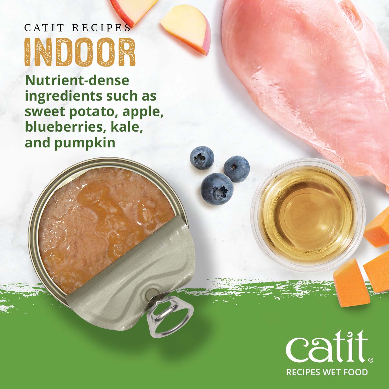 Catit Indoor wet cat food features nutrient-dense ingredients like sweet potato, apple, blueberries, kale, and pumpkin