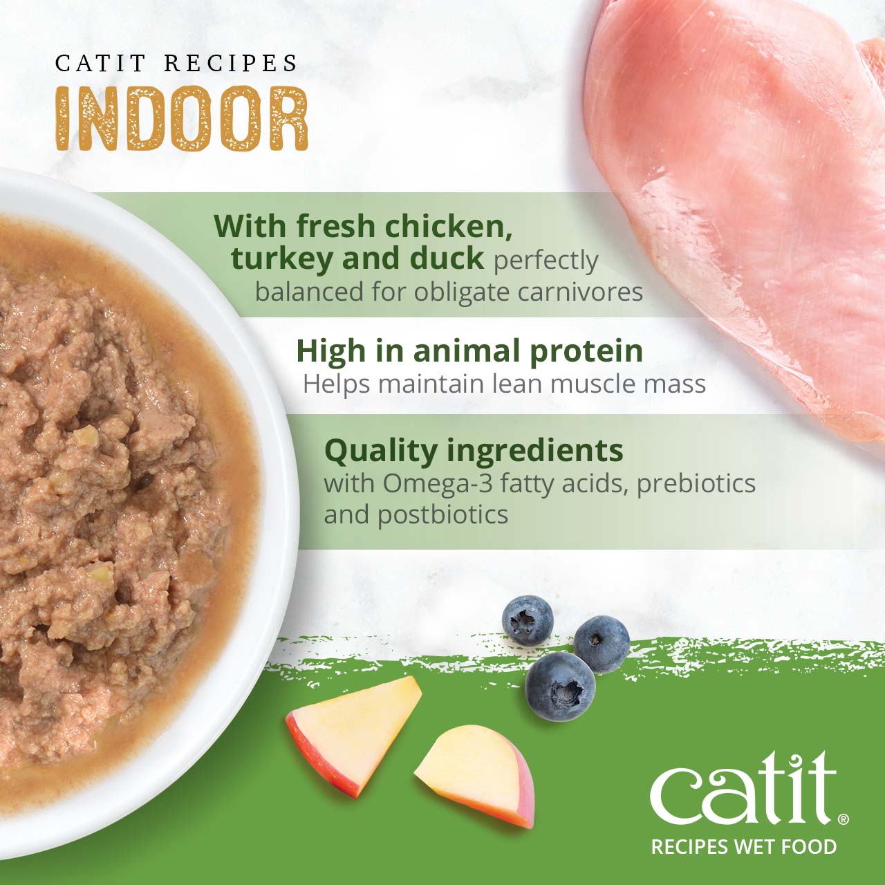 Catit Indoor wet cat food features chicken, turkey, and duck, providing high animal protein with Omega-3s and prebiotics