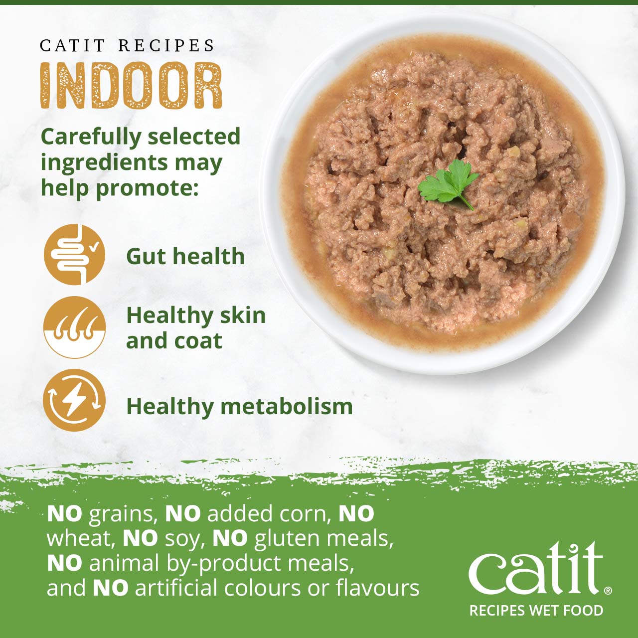 Catit Indoor wet cat food promotes gut health, healthy skin and coat, and metabolism without grains, fillers, or additives