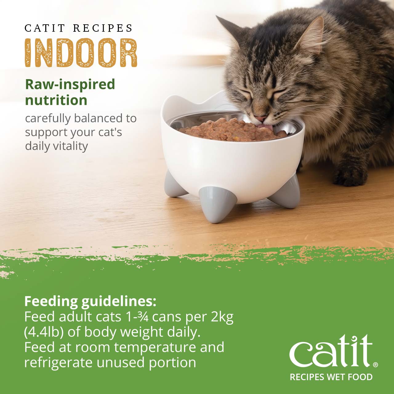 Catit Recipes Indoor wet food feeding guidelines for adult cats, recommending 1-3/4 cans per 2kg of body weight daily