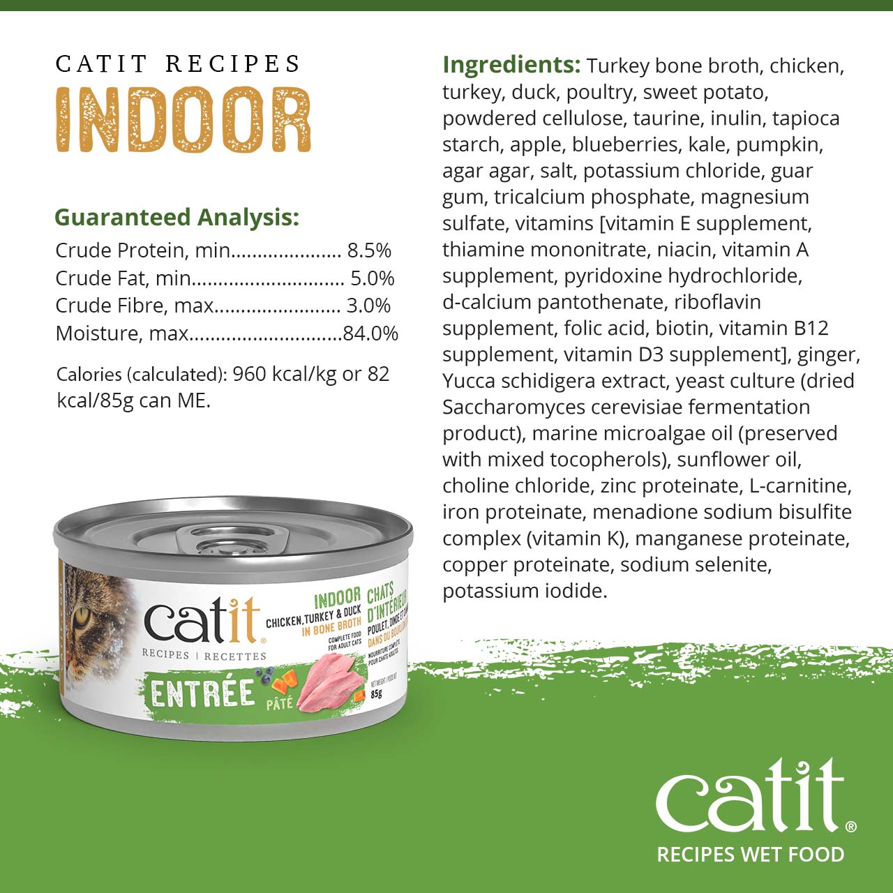 Catit Indoor wet cat food pate, including guaranteed analysis and ingredient list for the chicken, turkey, and duck recipe