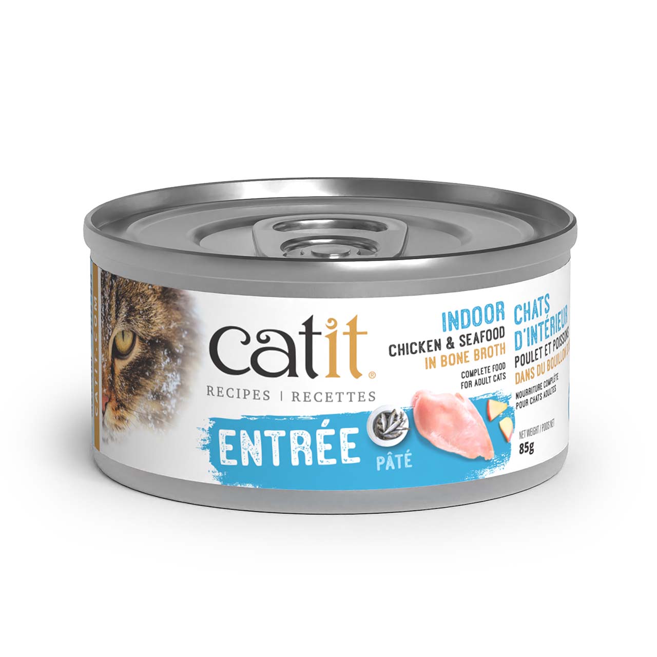 Catit Indoor Chicken and Seafood in Bone Broth pâté cat food in 85g packaging