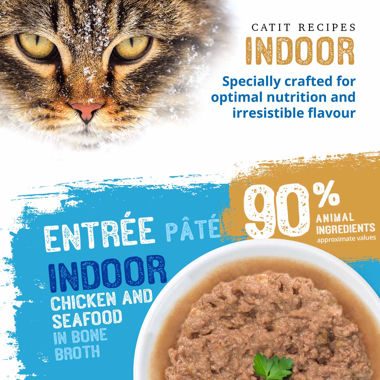 Catit Indoor Chicken and Seafood pâté cat food made with 90% animal ingredients in bone broth