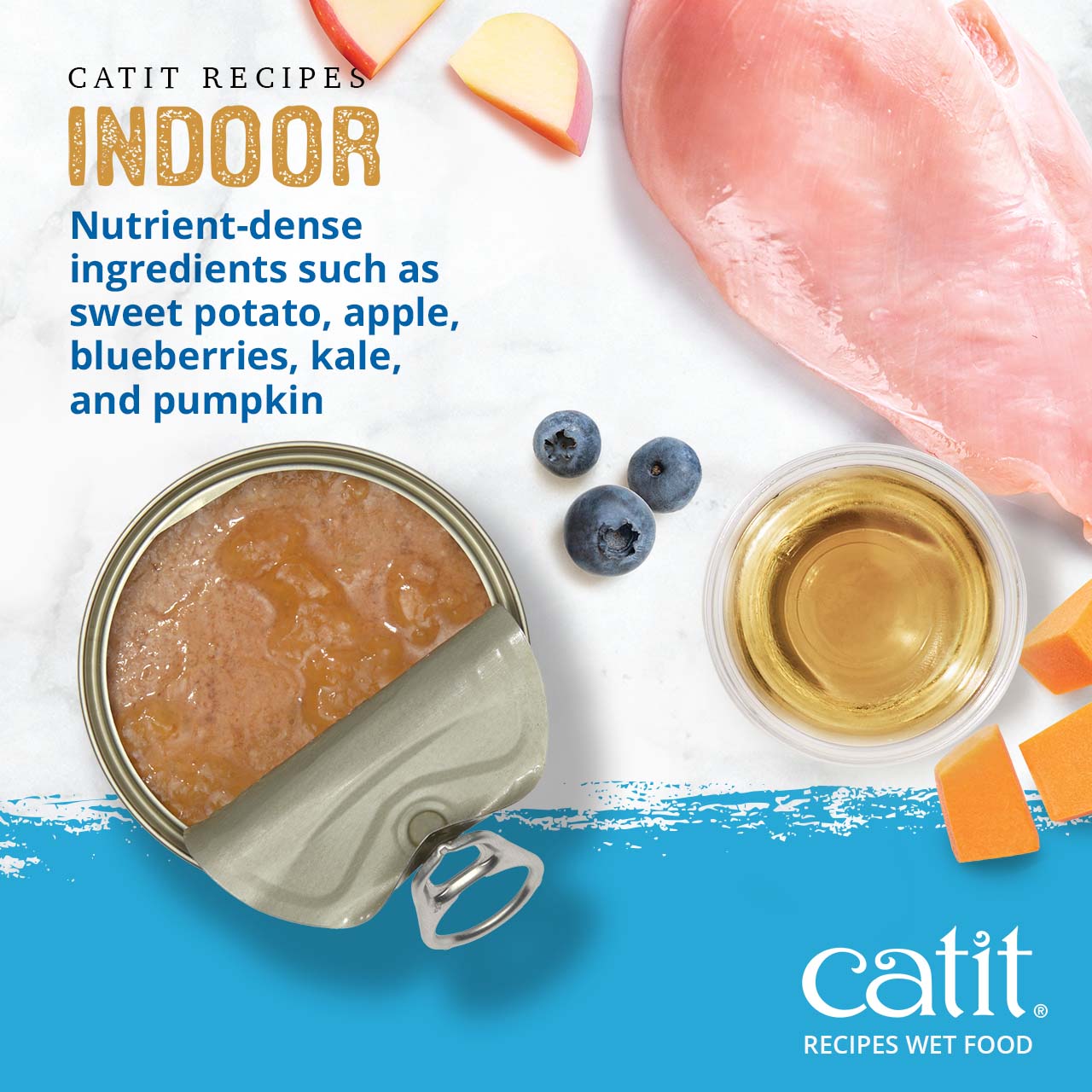 Catit Indoor wet cat food features nutrient-dense ingredients like sweet potato, apple, blueberries, kale, and pumpkin
