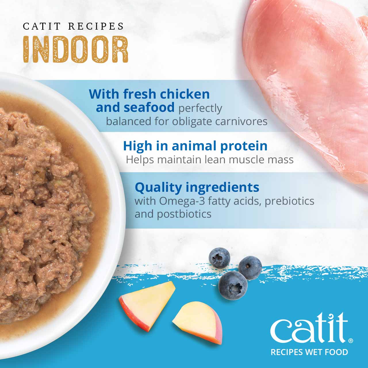 Catit Indoor wet cat food made with fresh chicken and seafood, high in animal protein with added nutrients