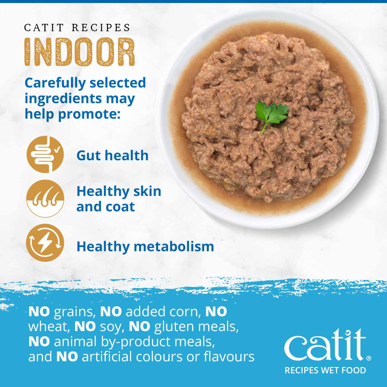 Catit Indoor wet cat food promotes gut health, healthy skin and coat, and healthy metabolism without grains or additives