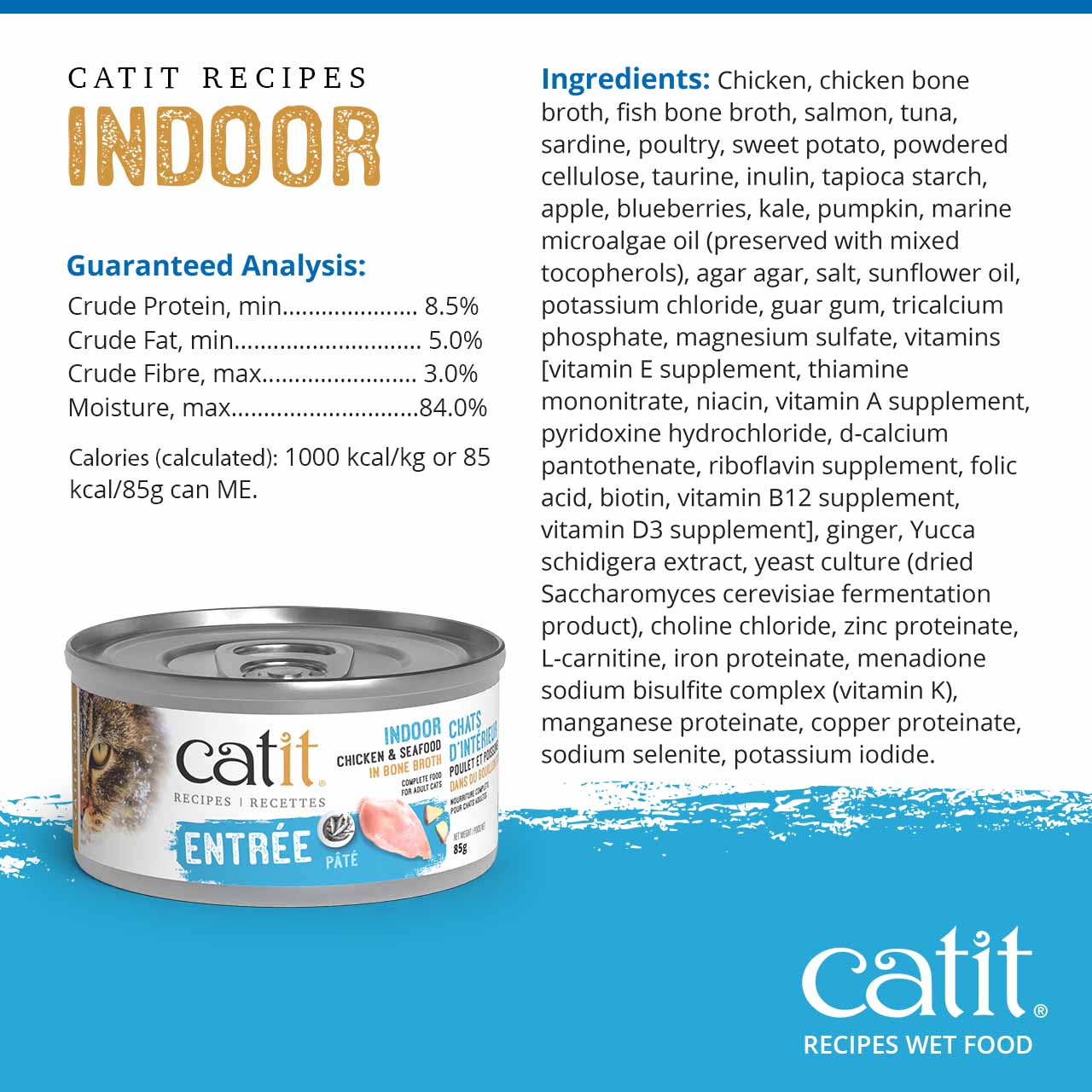 Catit Indoor Chicken and Seafood in Bone Broth wet cat food, including guaranteed analysis and ingredient list