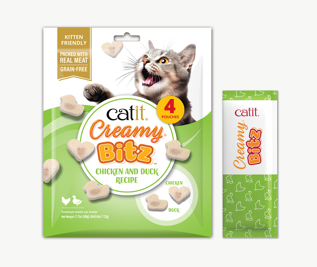 Catit Creamy Bitz chicken and duck recipe cat treats packaging and a single treat pouch