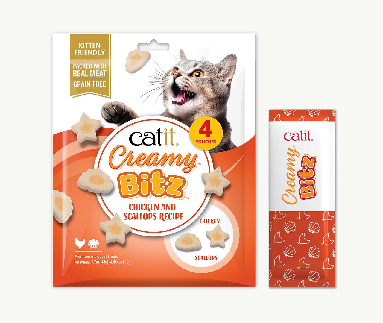 Catit Creamy Bitz chicken and scallops cat treats packaging and a single treat pouch