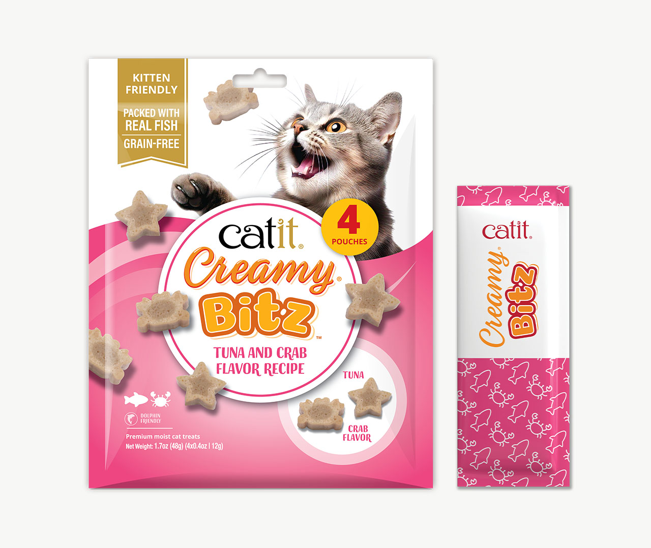 Catit Creamy Bitz tuna and crab flavor cat treats packaging with four pouches inside