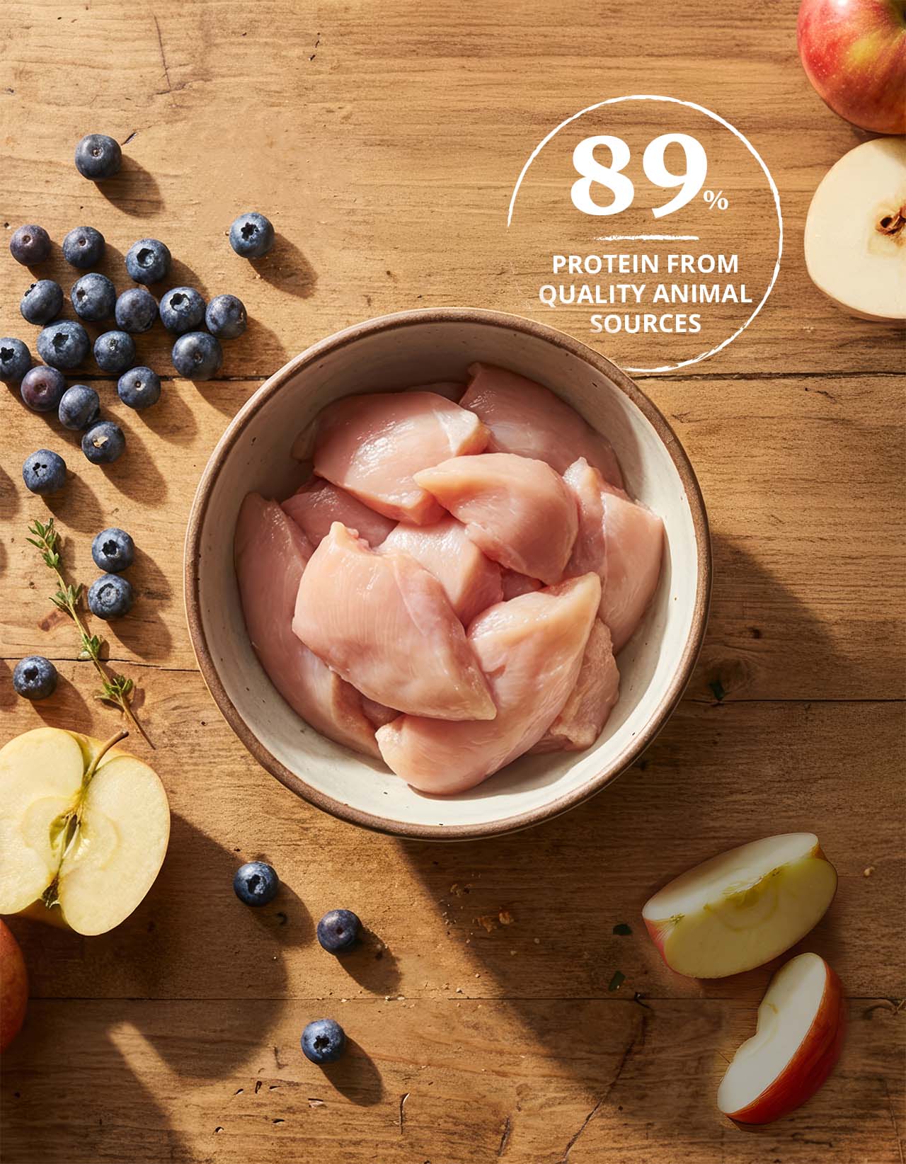 A bowl of raw chicken pieces surrounded by blueberries and apple slices, highlighting that 89% of protein comes from quality animal sources
