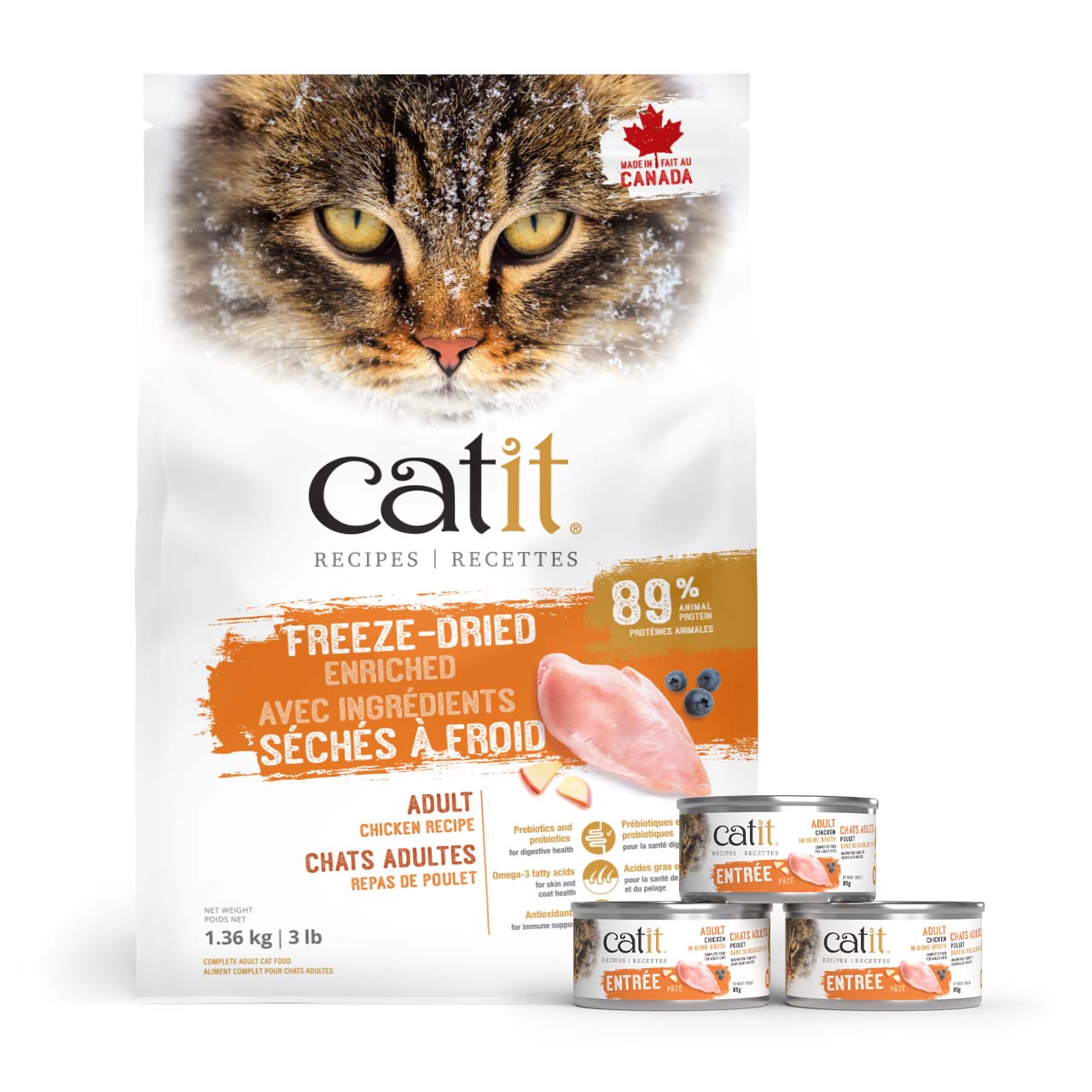 Catit adult chicken recipe dry cat food bag and three cans of wet cat food