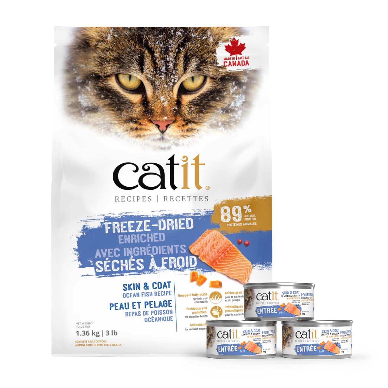 Catit Skin & Coat Ocean Fish dry cat food packaging and three cans of Seafood & Chicken wet cat food
