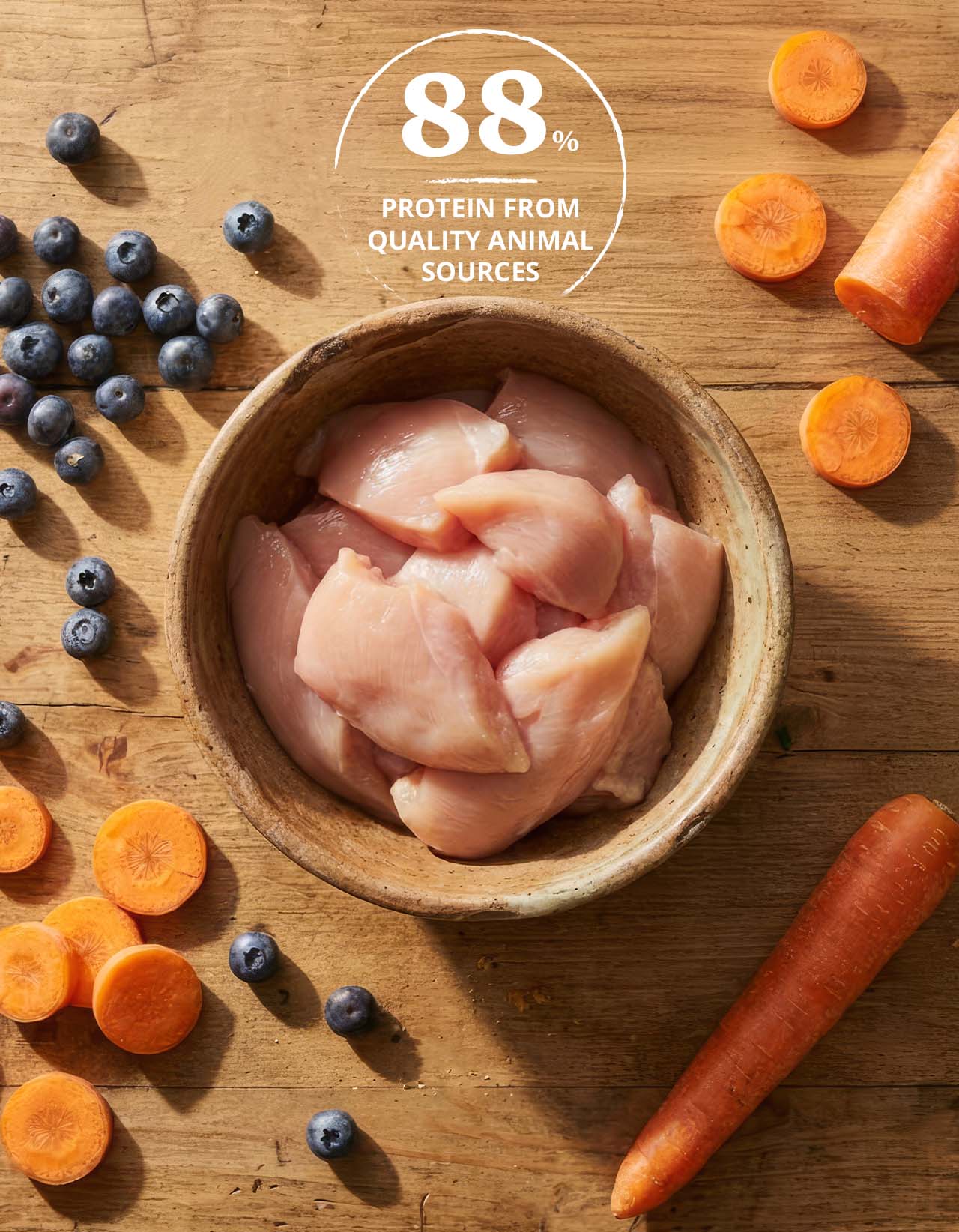 Raw chicken pieces in a bowl surrounded by blueberries and carrot slices, highlighting that 88% of protein is from animal sources